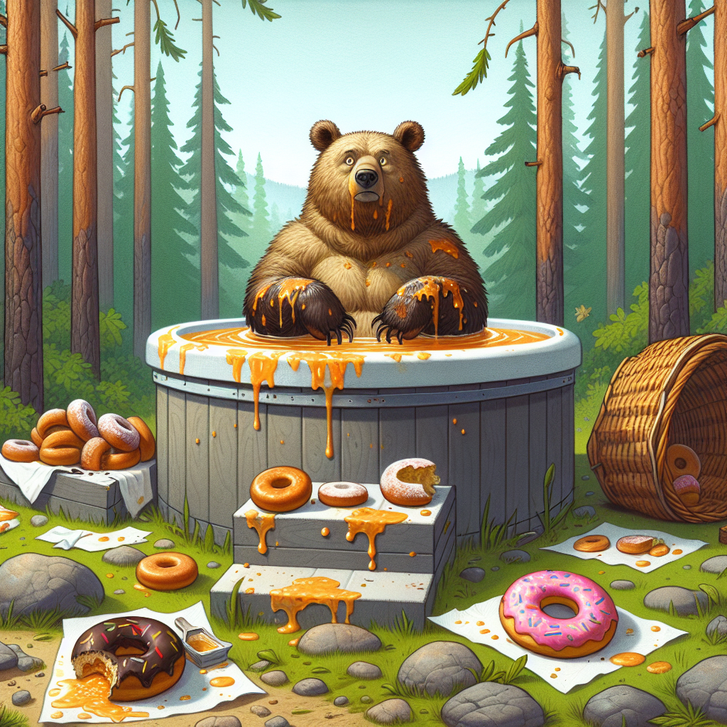 Local Bear Takes Spa Day Wrong, Ends Up Honey Glazed with Jelly Filler

In a twist of fate that can only be described as “bear-y unfortunate,” a local bear from the Woodsy Pines area found himself in a sticky (and delicious) situation after indulging in a relaxing soak in a hot tub, followed by an unsanctioned doughnut binge that left him temporarily trapped