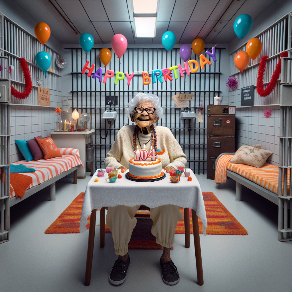 HEADLINE: 104-Year-Old Woman’s Unconventional Birthday Bash: A Day in Jail

SUBHEADLINE: Nonagenarian Fulfills Bucket List Wish in Unique and Unforgettable Way

NEW YORK, NY – In a bizarre and heartwarming tale, a 104-year-old woman marked her birthday in a most unusual way: by spending the day in jail