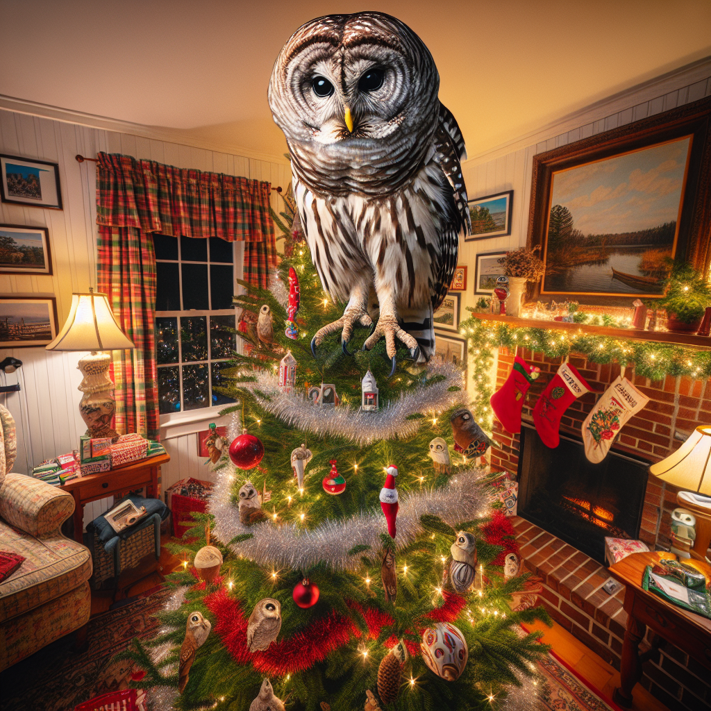 UNEXPECTED CHRISTMAS DECORATION: BARRED OWL TAKES RESIDENCE ATOP TREE IN VIRGINIA

In a bizarre and festive turn of events, a Barred Owl has taken up residence atop a Christmas tree in a Virginia home, becoming an unorthodox and unexpected tree topper