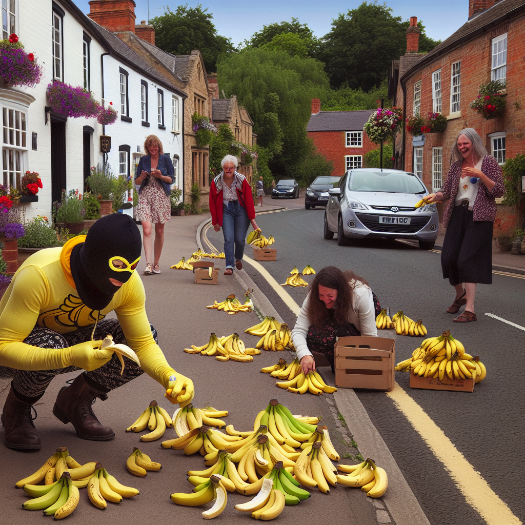 Mysterious Banana Bandit Leaves Nottinghamshire Residents in Peel of Laughter

NOTTINGHAMSHIRE, ENGLAND – In a baffling turn of events that has left more than just a few residents raising their eyebrows, the small town of Nottinghamsville (self-proclaimed capital of the mysterious and absurd) is abuzz with the latest enigma: an anonymous soul who has taken it upon themselves to grace the roadside with perfectly peeled bananas