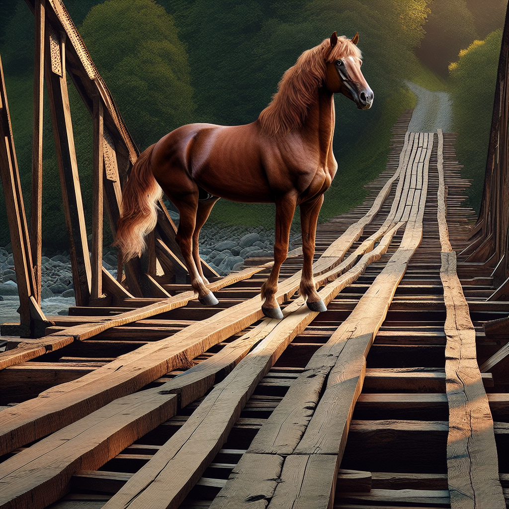 Equine Engineering Triumph: Horse’s Brave Mid-Bridging Adventure

In a tale that will surely go down in history as a landmark achievement in equestrian engineering, a brave horse found itself in a precarious situation this Tuesday when it fell halfway through a wooden bridge while pursuing its ambitious dream of becoming a structural integrity consultant