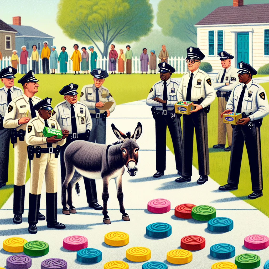 HEADLINE: Unconventional Standoff: Police Use Mints to Lure Rogue Donkey Back to Safety

SUBHEADLINE: Bizarre Incident Brings Community Together as Authorities Employ Creative Tactics to Capture Wayward Burro

In a peculiar turn of events, a loose donkey brought a neighborhood to a standstill yesterday evening, with police employing an unorthodox method to coax the wayward animal back to safety
