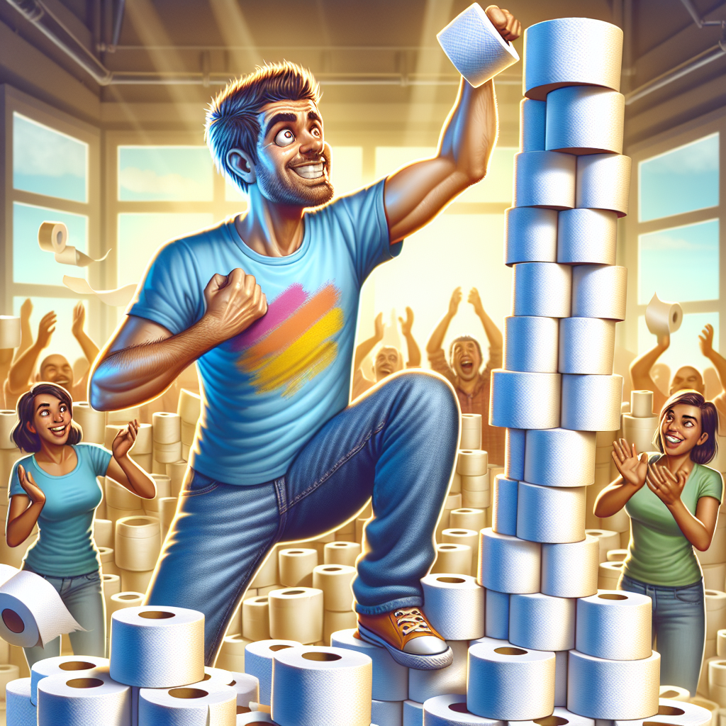 LOCAL MAN DEFIES ODDS, STACKS TOILET PAPER ROLLS WITH ONE HAND TO BREAK WORLD RECORD

In a bizarre display of dexterity and determination, 32-year-old John Smith of Springfield, Illinois, has successfully stacked 25 toilet paper rolls on top of each other using only one hand, shattering the previous Guinness World Record
