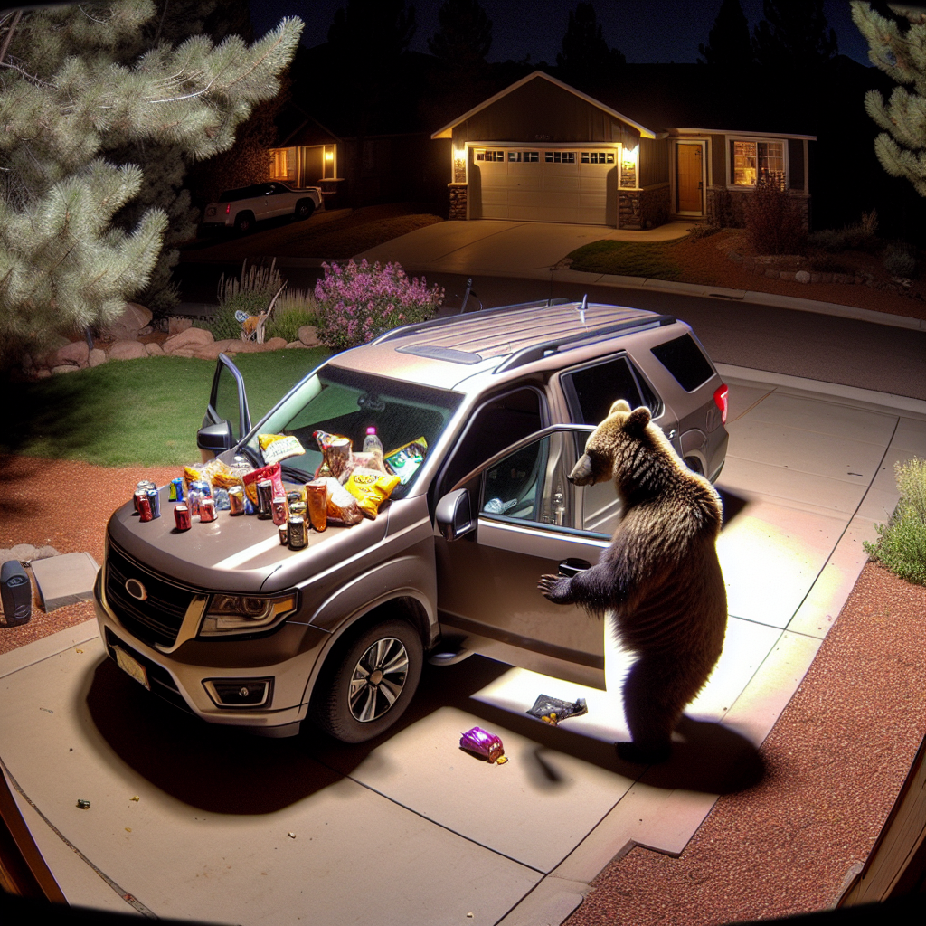 BEAR BREAKS INTO PARKED CAR IN COLORADO, SECURITY CAMERA CATCHES IT ALL ON TAPE

A home security camera in a quiet Colorado neighborhood captured a shocking moment recently, as a bear was seen opening the door to a parked car and climbing inside to rummage through its contents