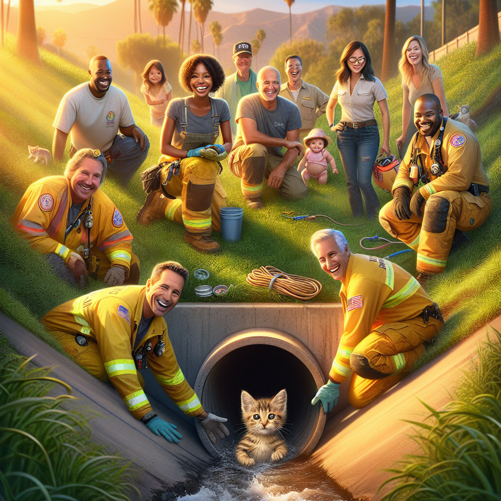 MIRACLE IN THE DRAIN: Kitten Rescued from California Storm Drain

A dramatic rescue unfolded in the San Fernando Valley area of Los Angeles, California, yesterday evening, as a team of brave responders worked to save a stranded kitten trapped in a storm drain
