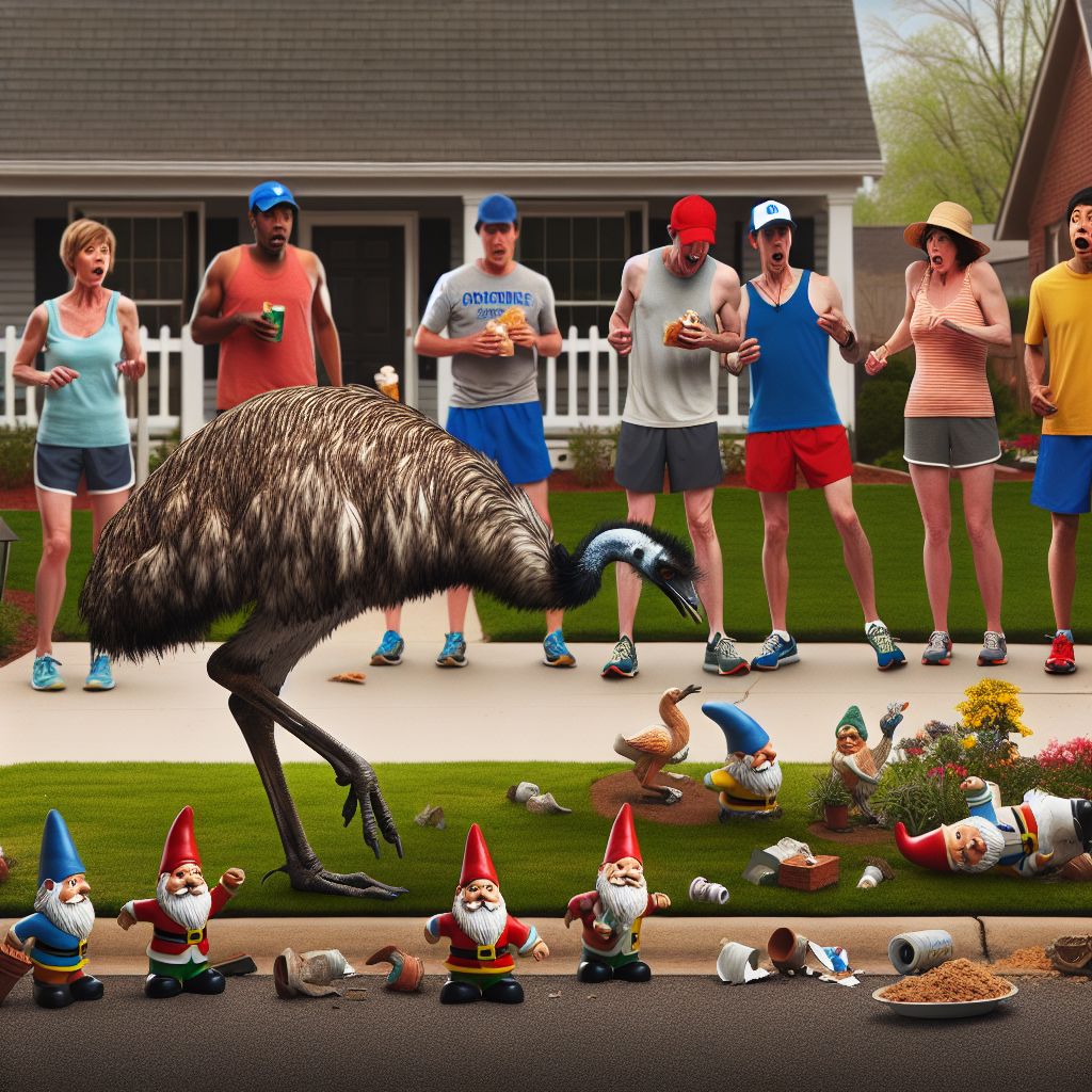 BREAKING: ROGUE EMU ON THE LOOSE IN HOT SPRINGS VILLAGE, RESIDENTS ADVISED TO STOCK UP ON SNACKS AND RUNNING SHOES

In a bizarre incident that has left authorities flabbergasted and citizens giggling, a marauding emu has been spotted roaming the streets of Hot Springs Village, Arkansas, leaving a trail of bewildered onlookers and destroyed gardens in its wake