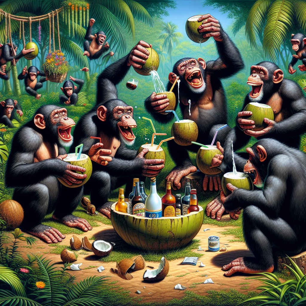 BREAKING: CHIMPANZEES CAUGHT IN WILD BOOZE FEST!

In a shocking turn of events, a team of British researchers has captured irrefutable evidence of a group of chimpanzees getting their drink on in the heart of West Africa