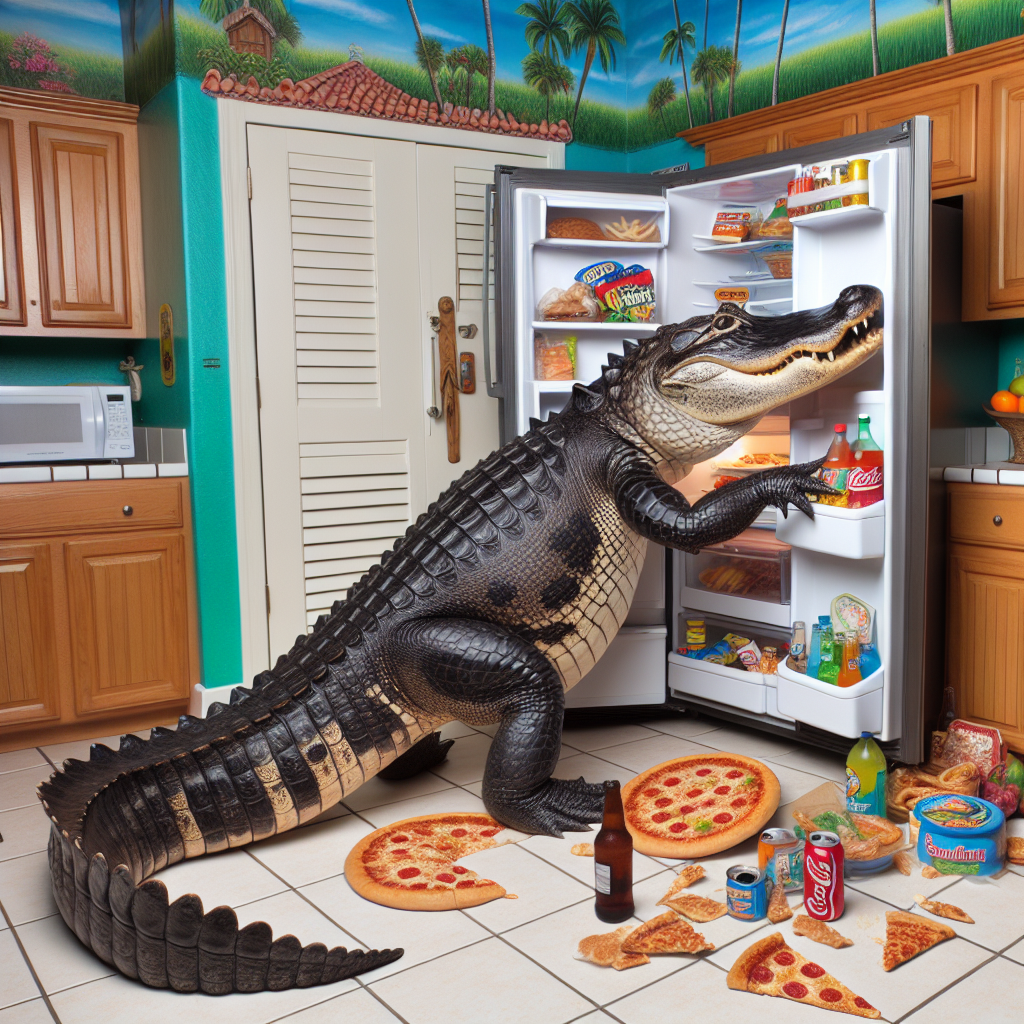 BREAKING: FLORIDA MAN’S KITCHEN INVASION: 12-FOOT GATOR DISCOVERS REFRIGERATOR, DECLARES IT “SNACK HEAVEN”

In a bizarre incident that has left wildlife experts baffled and neighbors giggling, a Florida man opened his kitchen door to find a gargantuan alligator rummaging through his fridge, snacking on leftover pizza and sipping on a cold beer