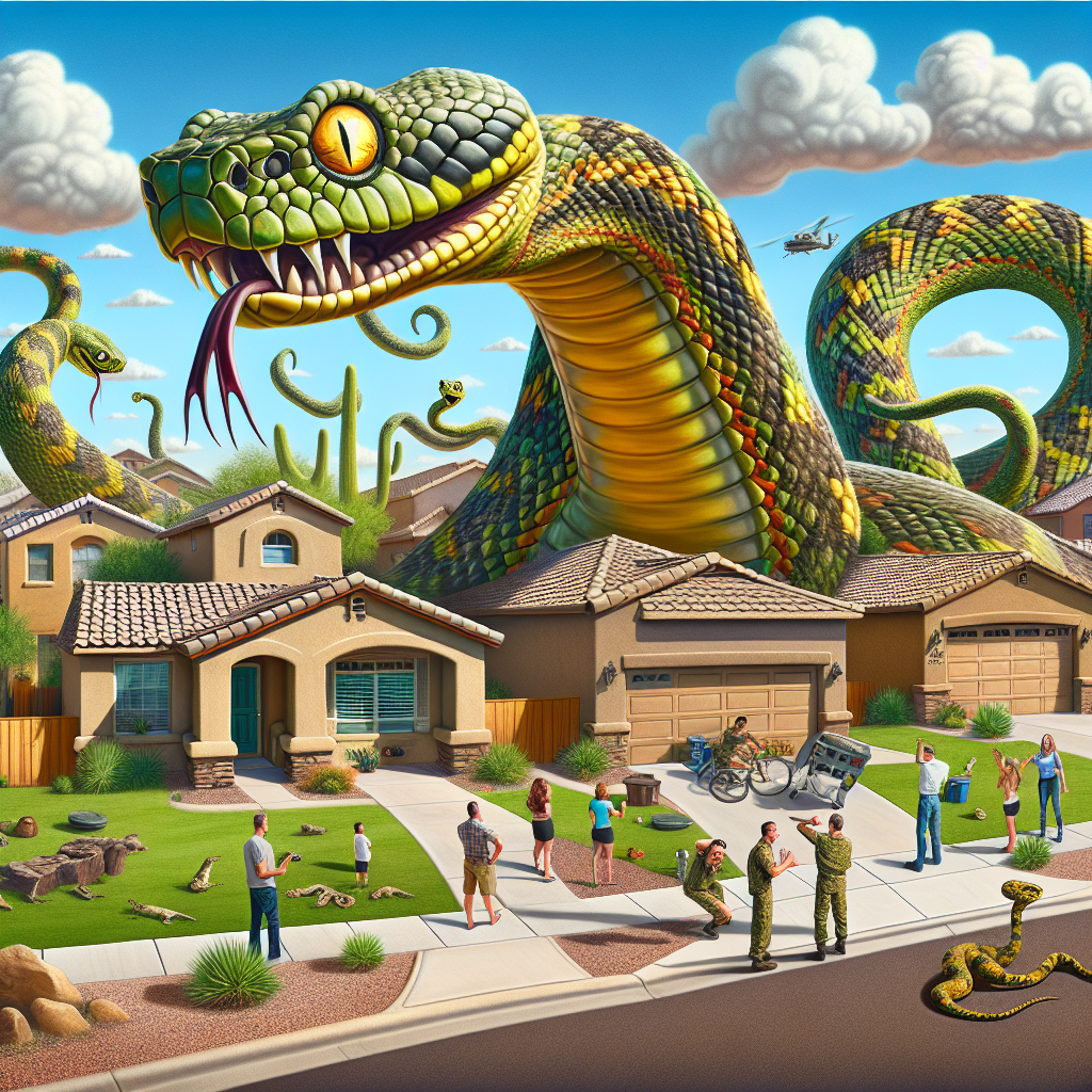 BREAKING: GIGANTIC, MUTANT RATTLESNAKE TERRORIZES SCOTTSDALE SUBURB!

In a bizarre incident that has left wildlife experts baffled and residents on high alert, a group of fearless rattlesnake wranglers in Arizona stumbled upon a gargantuan, genetically modified rattlesnake in the backyard of a Scottsdale home