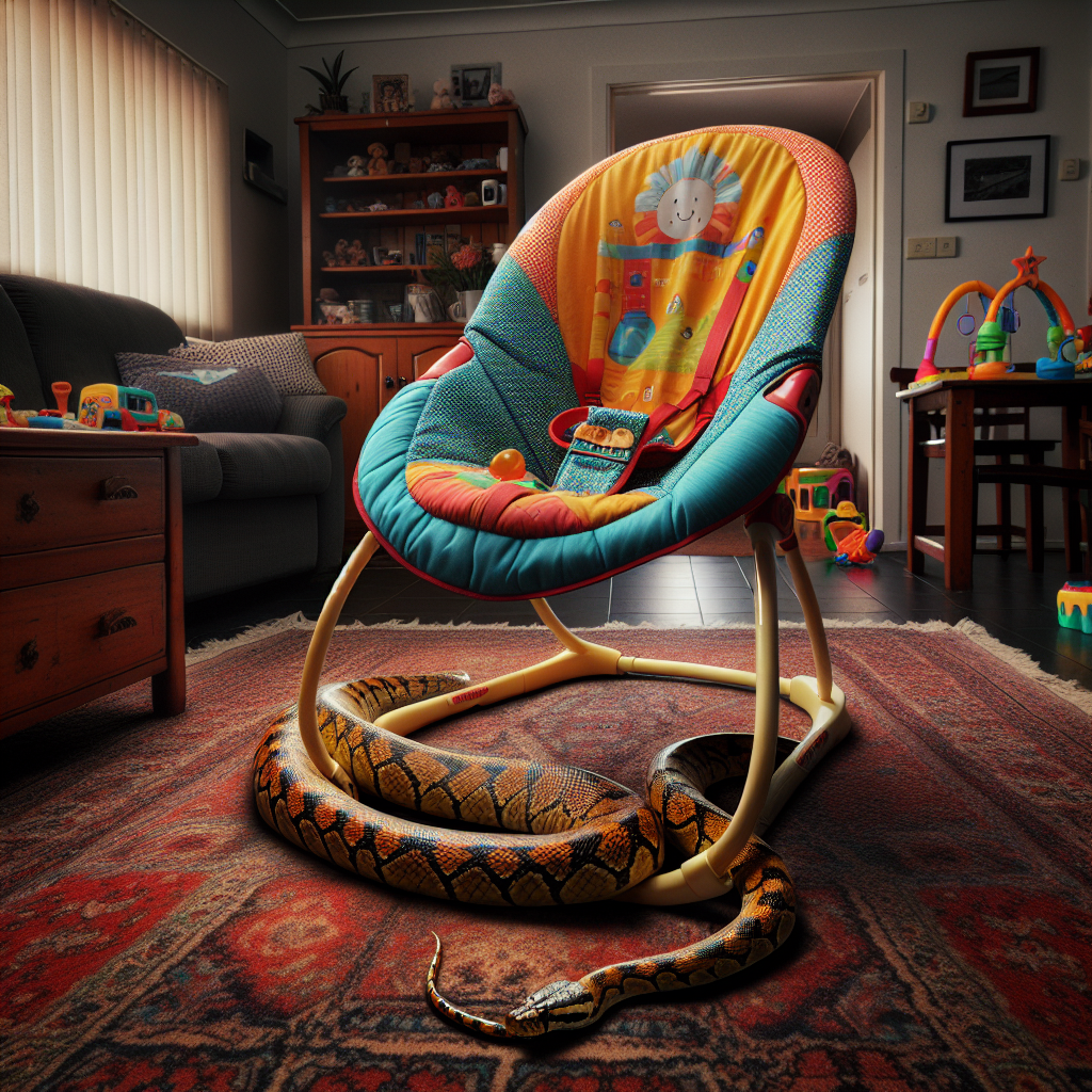 Headline: “Perfect Playmate: Venomous Tiger Snake Discovered Under Baby’s Bouncy Chair in Melbourne”

In a shocking twist that sent chills down the spines of local parents, a venomous tiger snake was recently discovered snuggled up under a baby’s bouncy chair in a Melbourne-area home