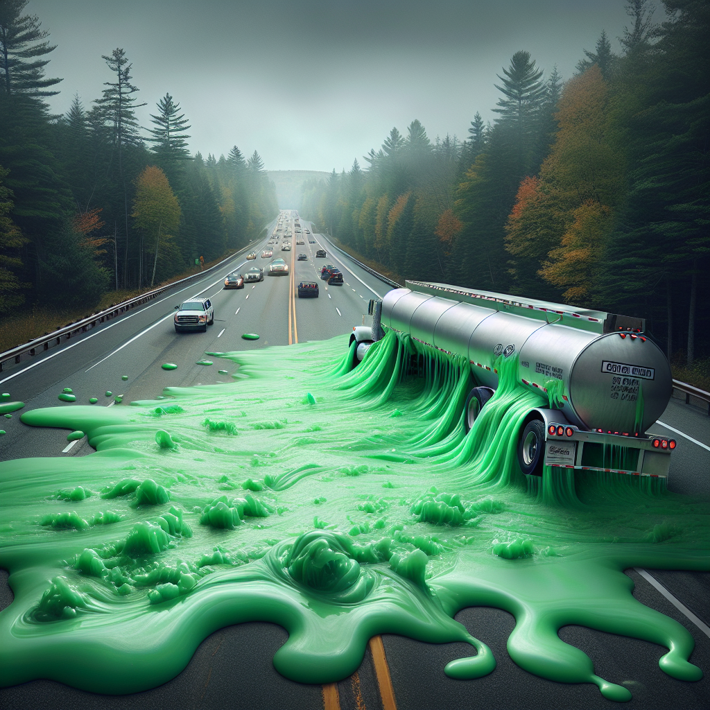 BREAKING: MAINE HIGHWAY TURNS INTO RANCID RIVER OF GUNK AFTER TANKER TRUCK CRASH

In a bizarre and bewildering incident, a tanker truck carrying a cargo of what can only be described as “the stinkiest sludge on wheels” crashed on a major Maine highway yesterday evening, leaving a trail of noxious, glowing green goo in its wake