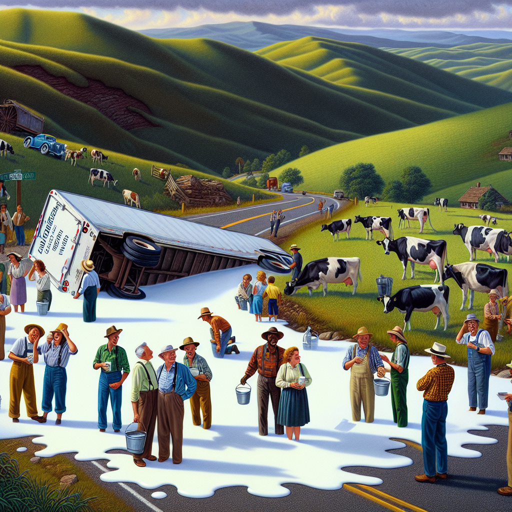 BREAKING: MILK RIVER OF EPIC PROPORTIONS FLOODS COLUMBIA COUNTY AS TRACTOR-TRAILER TURNS INTO DAIRY DISASTER ZONE

In a catastrophe of udder chaos, a tractor-trailer carrying a whopping 50,000 gallons of milk overturned on a rural road in Columbia County, New York, leaving a trail of creamy devastation in its wake