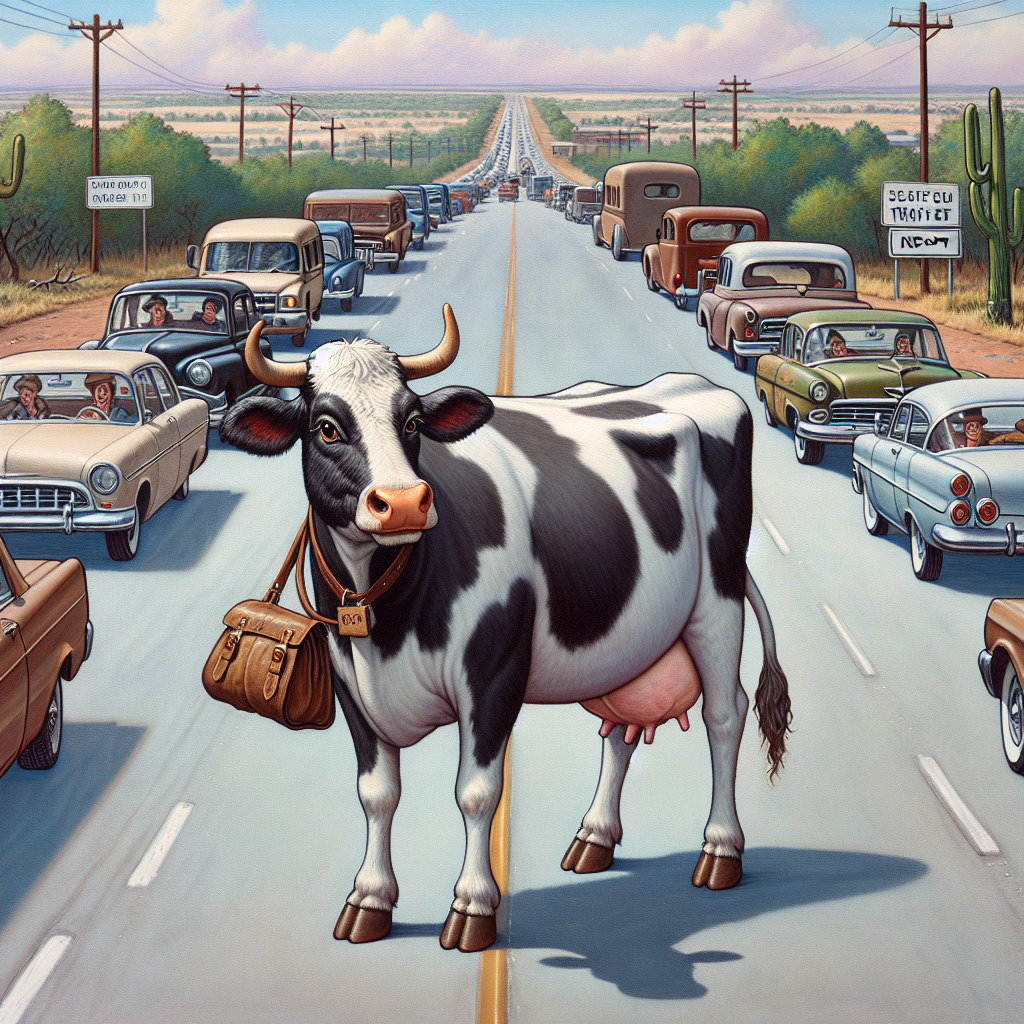 BREAKING: Bovine Bandit Brings Chaos to Texas Highway

In a bizarre incident that has left residents of small-town Texas scratching their heads, a rogue cow named Bessie brought traffic to a standstill on a busy highway yesterday evening