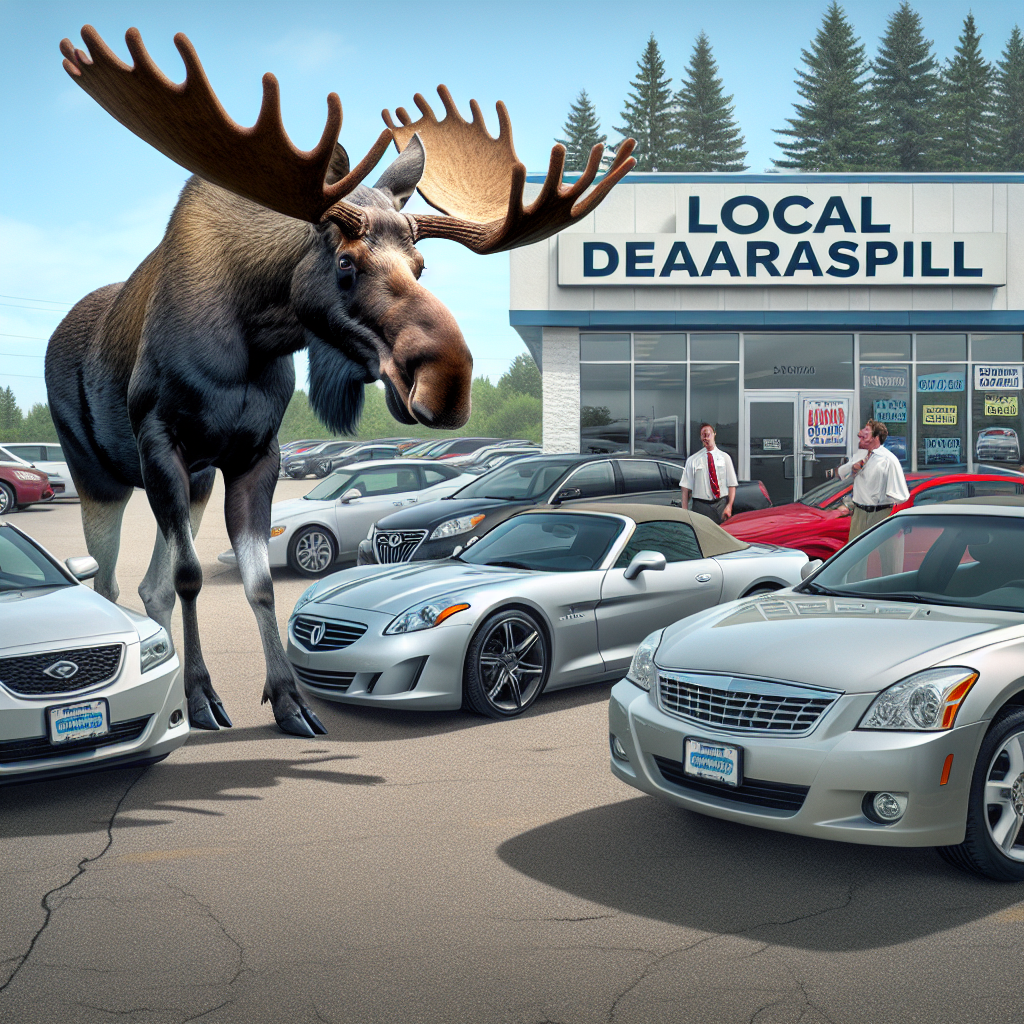 BREAKING: MOOSE ON THE LOOSE! FURY OF THE FOREST UNLEASHES DESTRUCTION ON LOCAL CAR DEALERSHIP

In a bizarre incident that has left residents of suburban Anytown, USA, in stitches, a marauding moose wandered into the parking lot of “Wheels-R-Us” car dealership and proceeded to wreak havoc on the luxury car inventory