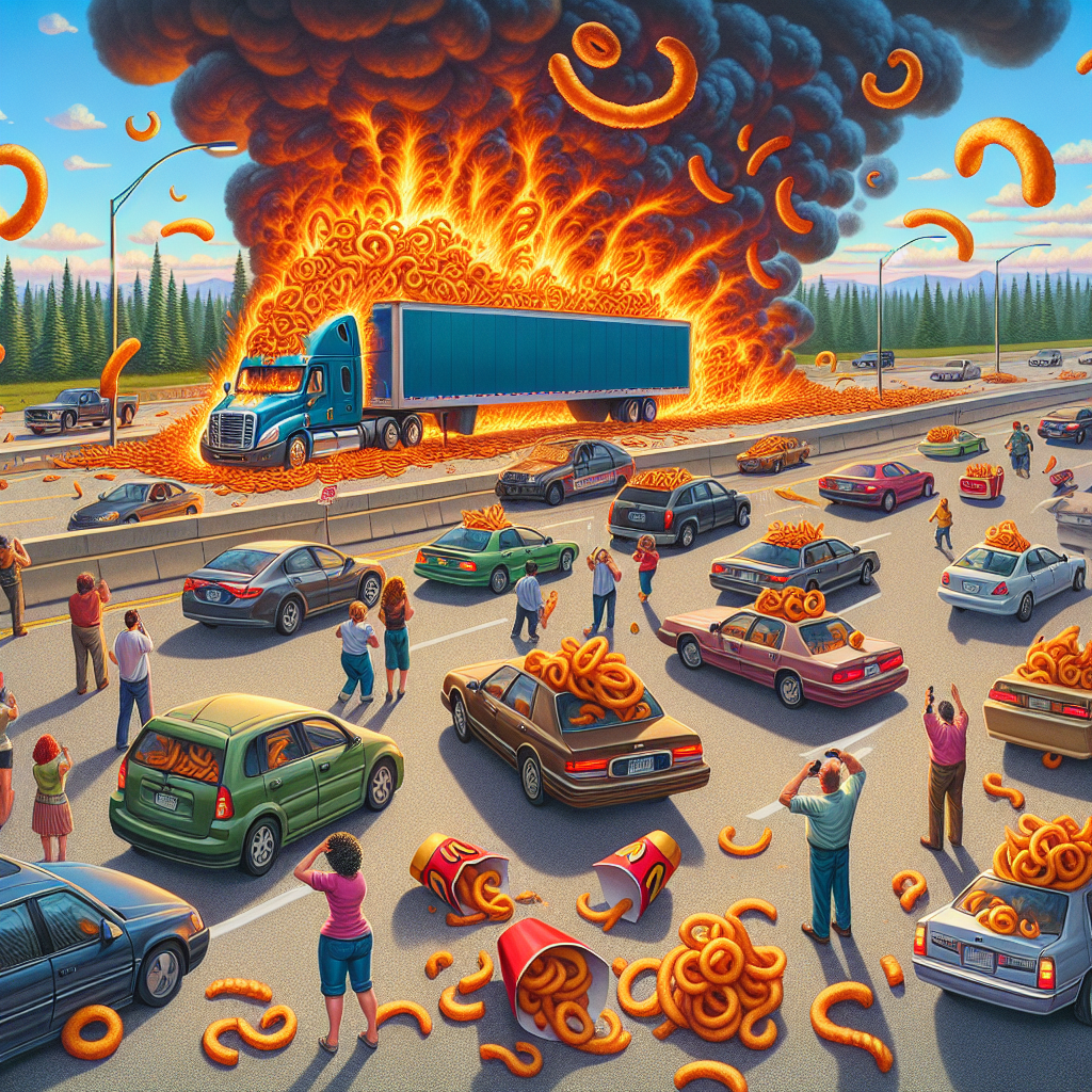 BREAKING: FRIED FRENZY ERUPTS ON MAINE HIGHWAY AS TRUCK CARRYING MASSIVE LOAD OF CURLY FRIES GOES UP IN FLAMES

A catastrophic crisis unfolded on Route 1 in Maine yesterday evening when a tractor-trailer carrying a gigantic load of curly fries suddenly burst into flames, sending a massive plume of smoke and crispy, curled despair into the air
