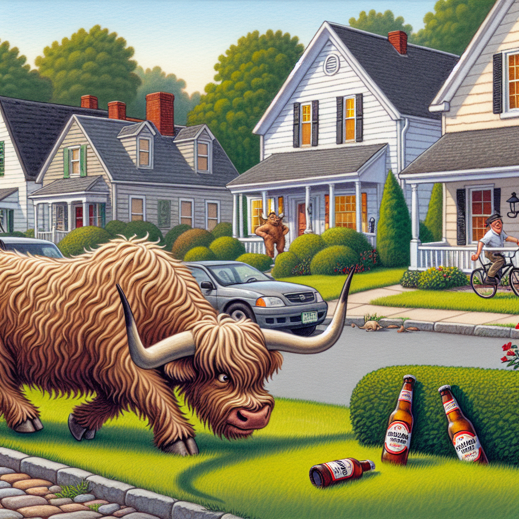 BREAKING: ROGUE BULL ON THE LOOSE IN CONNECTICUT, RESIDENTS ADVISED TO STAY INDOORS AND HIDE BEER

In a bizarre incident that has left authorities baffled and residents bewildered, a feisty Scottish highland bull named “Waldo” has broken free from a local farm and is currently roaming the streets of Connecticut, wreaking havoc and causing a stir wherever he goes