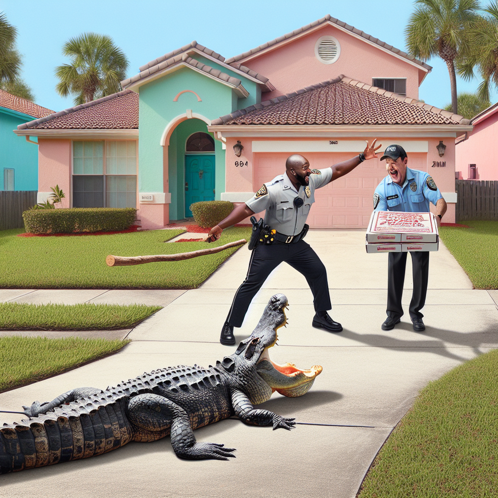 BREAKING: FLORIDA POLICE OFFICER SAVES PIZZA DELIVERY FROM JAWS OF DEATH

In a bizarre incident that has left residents of suburban Florida shaken, not stirred, a pizza delivery driver got more than he bargained for when he arrived at a local residence to find an 8-foot alligator lounging in the driveway