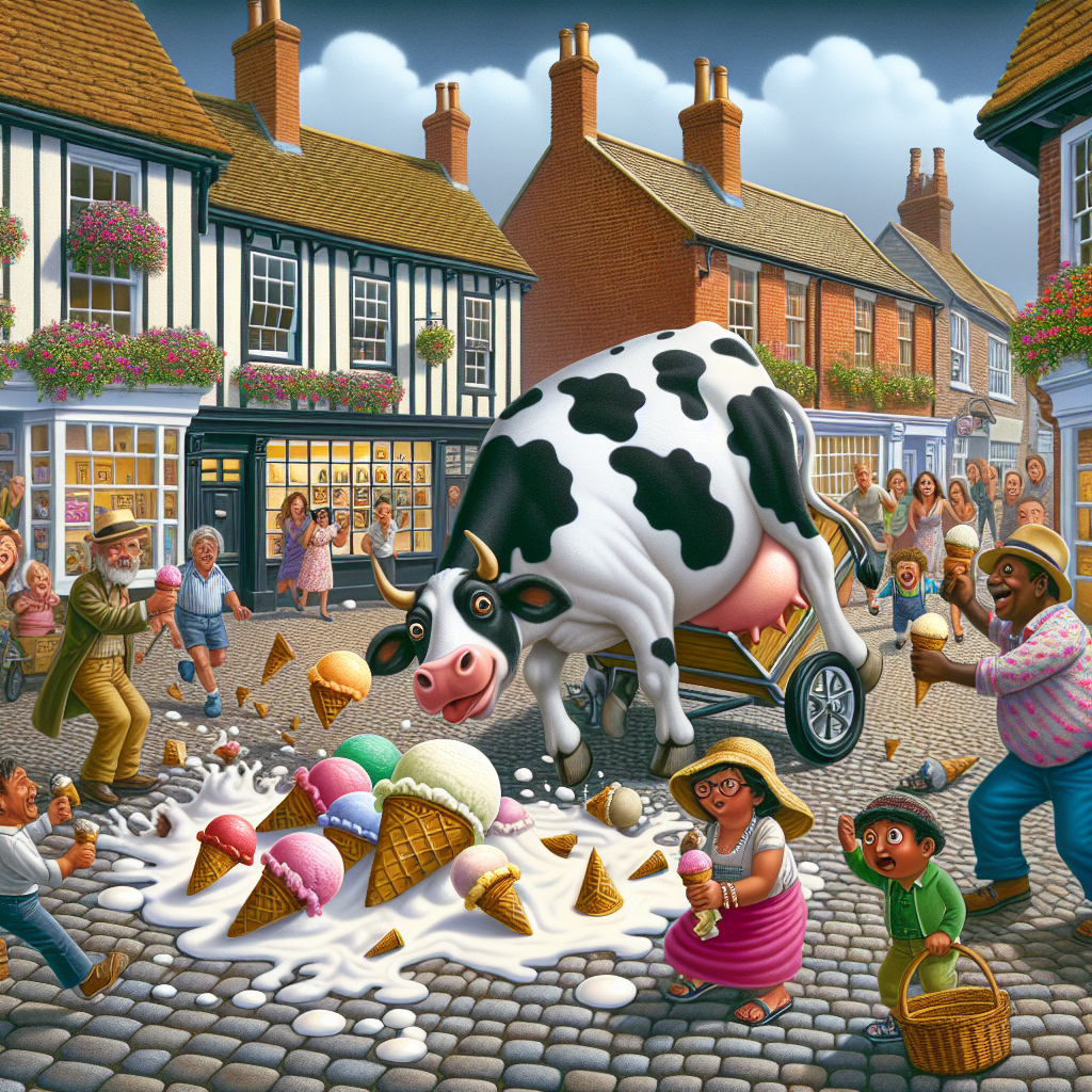 BREAKING: ROGUE COW WREAKS HAVOC IN HAMPSHIRE TOWN, LEAVES TRAIL OF CHAOS AND DELICIOUS ICE CREAM

In a bizarre incident that has left residents of the sleepy Hampshire town of Whitchurch utterly bewildered, a marauding cow was spotted roaming the streets, causing absolute pandemonium and a surprising number of dairy-themed puns