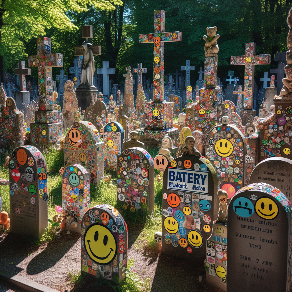 BREAKING: STICKER-GATE ROCKS MUNICH AS CEMETERY GRAVE STONES TURN INTO JUMBO STICKER FESTIVAL

In a bizarre and hilarious crime wave, over 1,000 stickers have mysteriously appeared on gravestones and wooden crosses at not one, not two, but THREE cemeteries in Munich, Germany, leaving authorities scratching their heads and wondering if the afterlife has finally gone sticker-crazy!

Eyewitnesses describe the scene as “surreal” and “like something out of a Monty Python sketch,” with reports of stickers featuring everything from cartoon characters to discount coupons for local bakeries