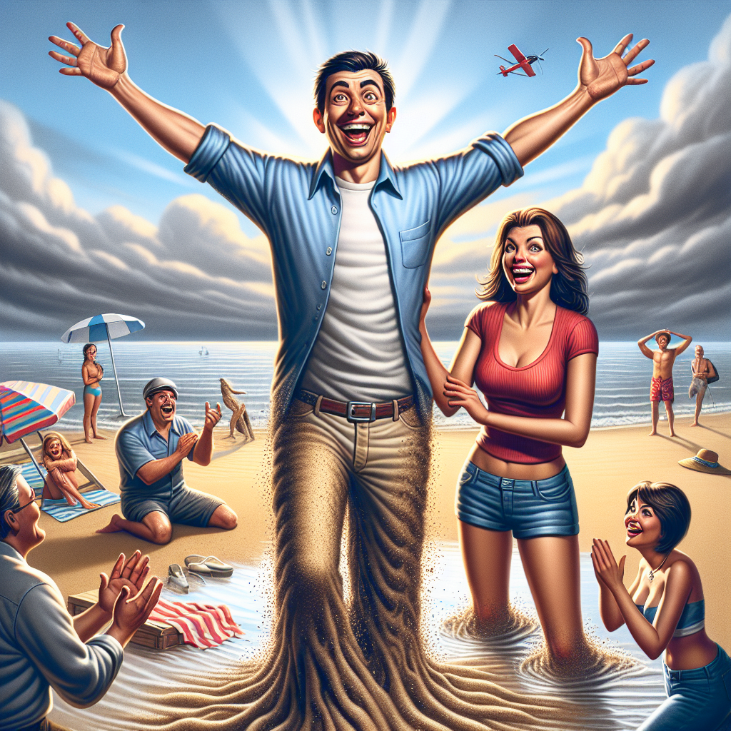 MIRACLE ON THE SHORE: Local Man Stuck in “Quicksand” for Hours, Emerges with New Girlfriend and a Lifetime Supply of Bragging Rights

MIAMI TOWNSHIP, MI – In a bizarre incident that has left beachgoers and rescue teams alike scratching their heads, 32-year-old Chad Wilson found himself stuck up to his waist in what he described as “quicksand” on Lake Michigan’s scenic shoreline