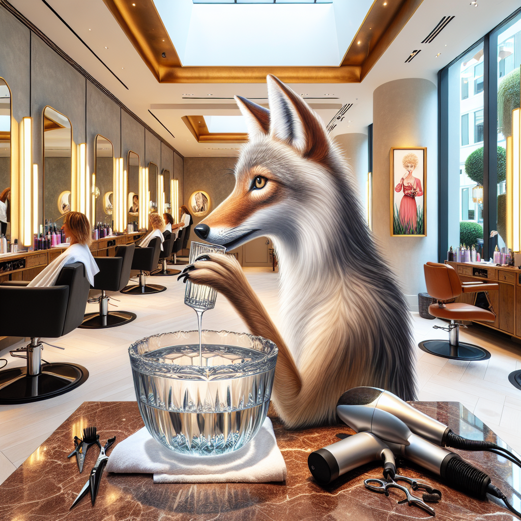 Coyote Spotted Enjoying Upscale Hydration at Local Hair Salon: A New Trend in Pet Spa Treatments?

Los Angeles, CA – In an event that has beautifully collided the worlds of high fashion and wilderness, local hairdresser and aspiring wildlife documentarian, Jason “Hair Flair” Henderson, filmed a coyote indulging in its newest hobby: upscale hydration at his salon’s skylight