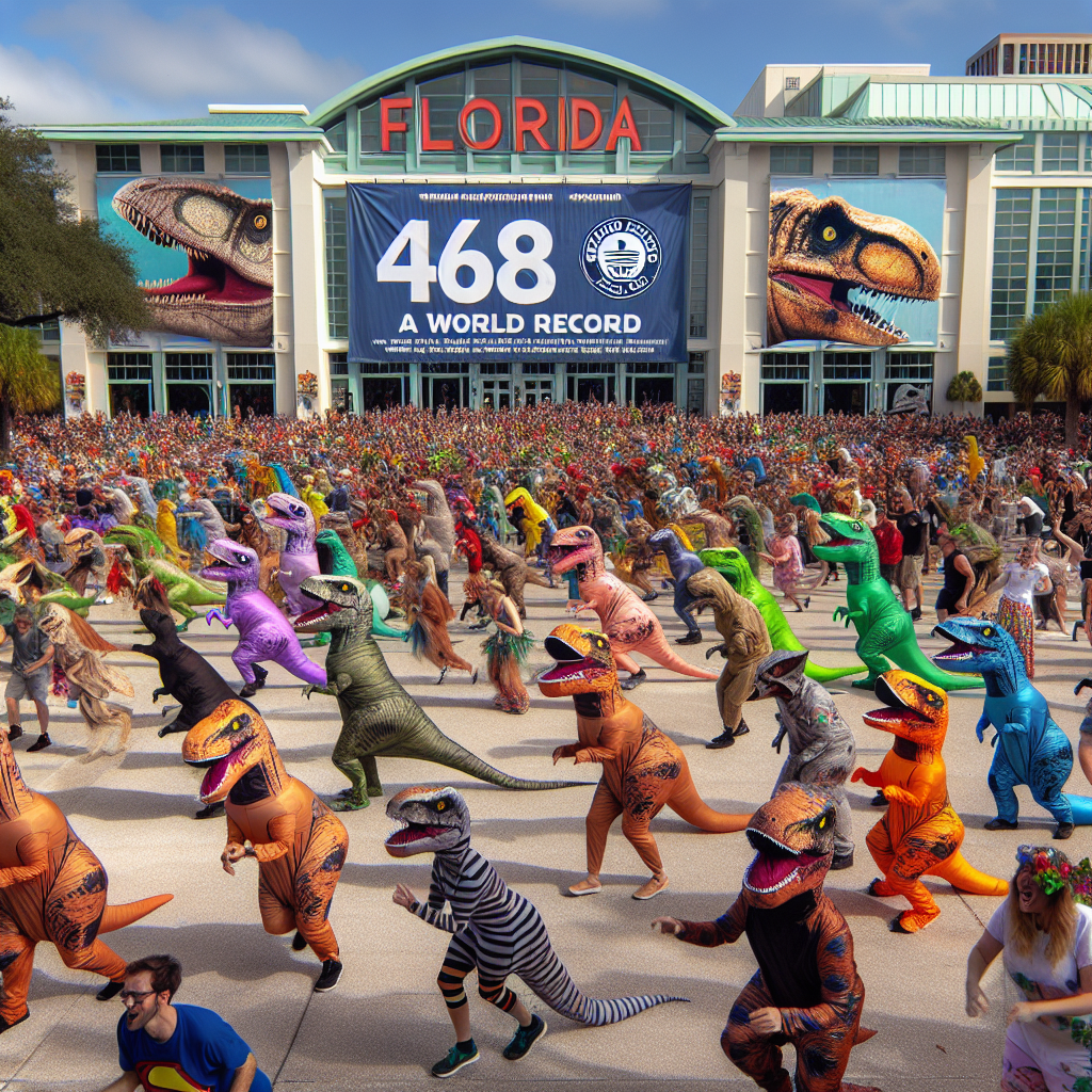 BREAKING: Florida Museum Shatters World Record with 468 People in Dinosaur Costumes, Chaos Ensues

TAMPA, FL – In a spectacle that will go down in history as the most utterly absurd and fantastical event of the century, the Florida Museum of Natural History has gathered an astonishing 468 people, all clad in dinosaur costumes, setting a new Guinness World Record for the largest gathering of dino-clad individuals in one location