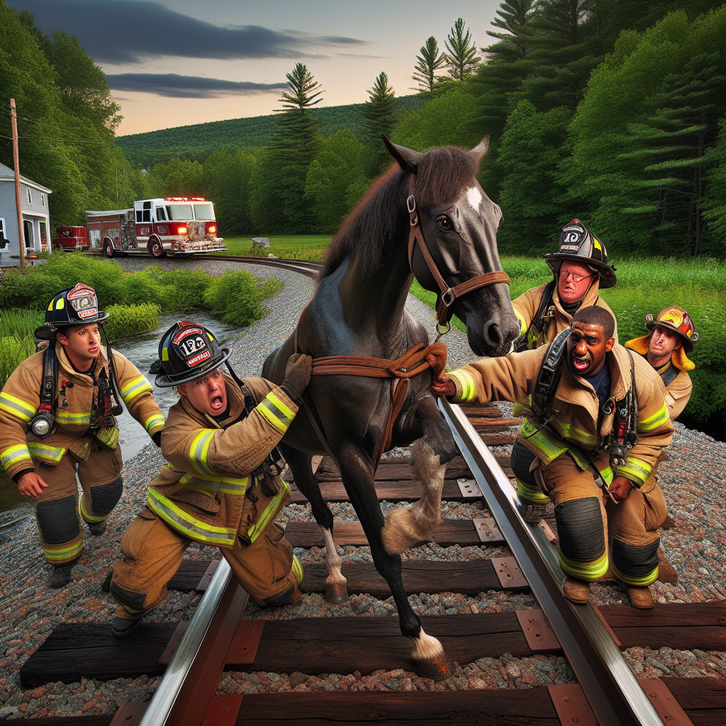 BREAKING: MAINE FIRE DEPARTMENT SAVES THE DAY IN DARING RESCUE OF WAYWARD STEED!

In a heart-stopping, action-packed drama that will be remembered for generations to come, a team of brave firefighters in rural Maine risked life and limb to prevent a catastrophic collision on the railroad tracks yesterday evening