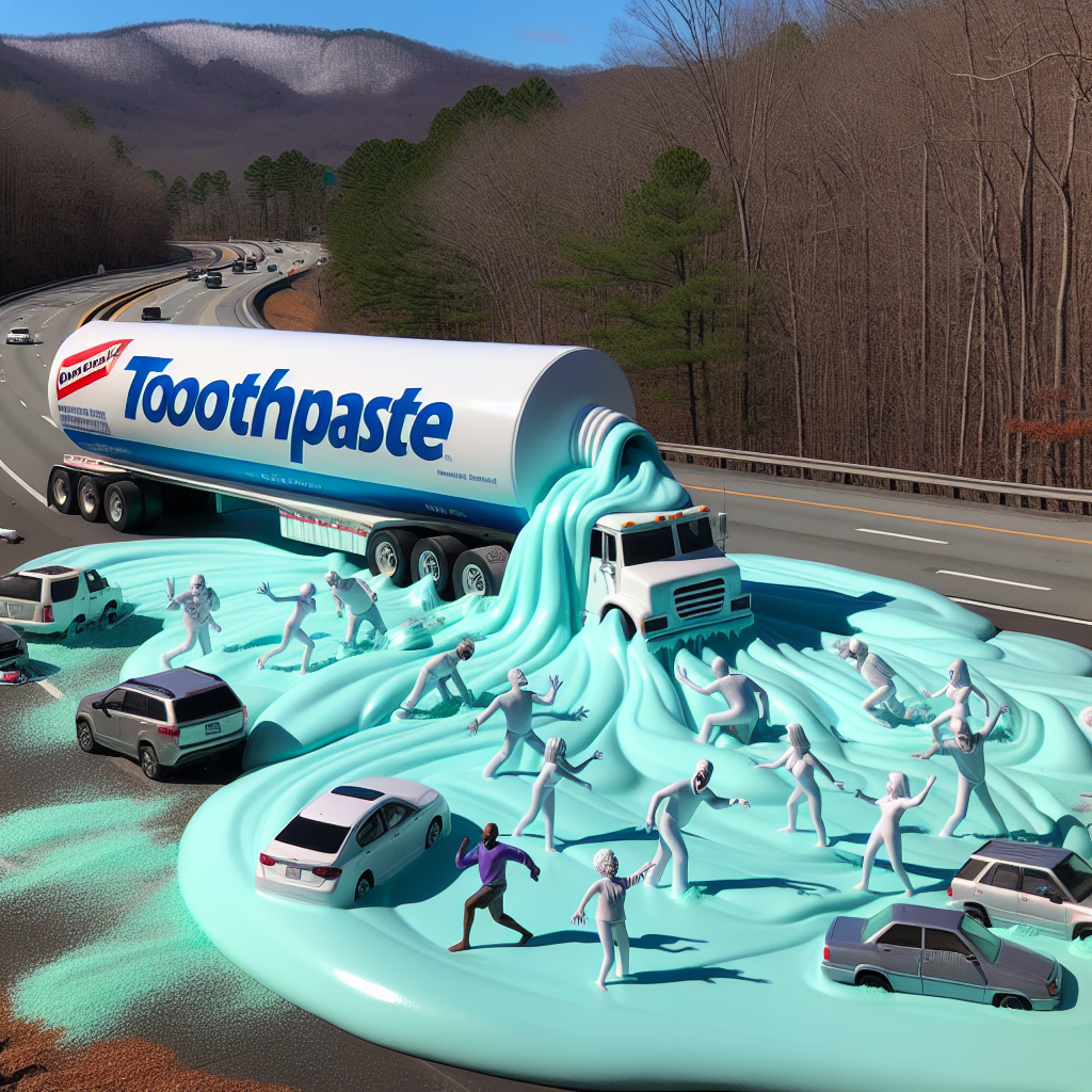BREAKING: TOOTHPASTE APOCALYPSE STRIKES ASHEVILLE, NC

In a bizarre incident that has left residents scratching their heads and slipping their way to safety, a major road in Asheville, North Carolina was shut down yesterday evening after a tanker truck carrying a gigantic load of toothpaste and sawdust crashed, spilling its sticky, minty-fresh contents all over the highway