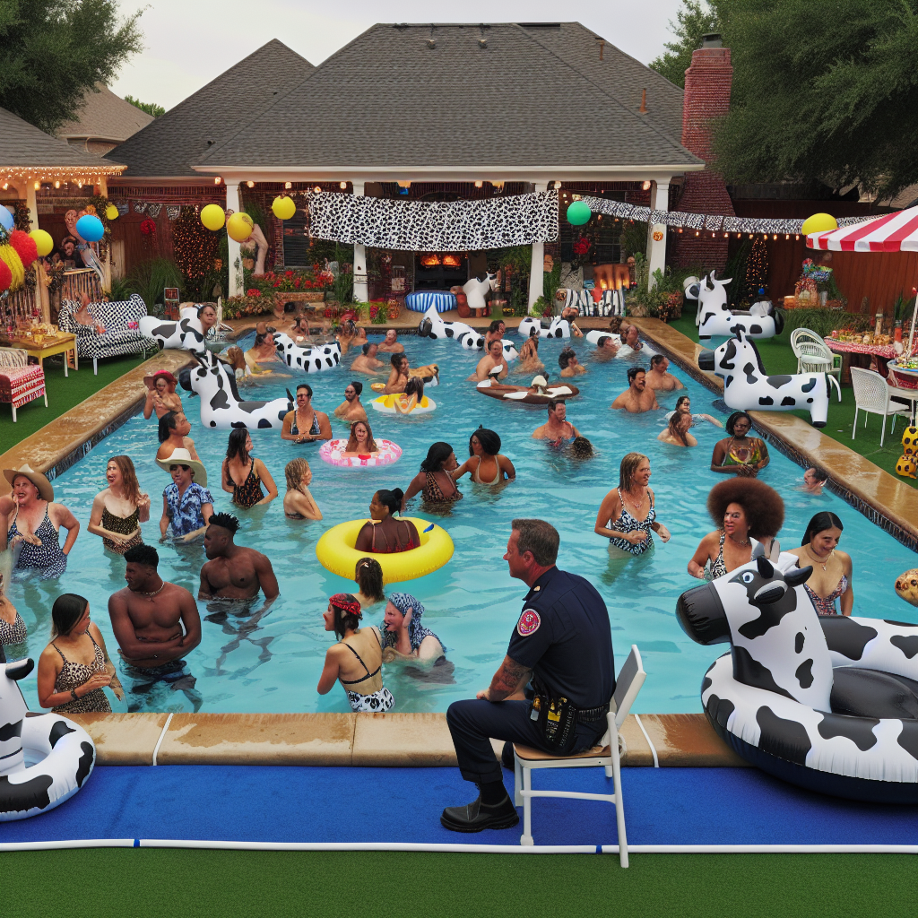 “Oklahoma Swimmers Rejoice: Pool Party on Cow-Centric Theme Takes the Dive”

Oklahoma – In a stunning turn of events that will surely make a splash on social media, local firefighters were summoned to the serene suburb of Cowtown, Oklahoma (not officially named, but it should be), after an adventurous, uninvited guest decided to take a refreshing dip in a resident’s backyard swimming pool
