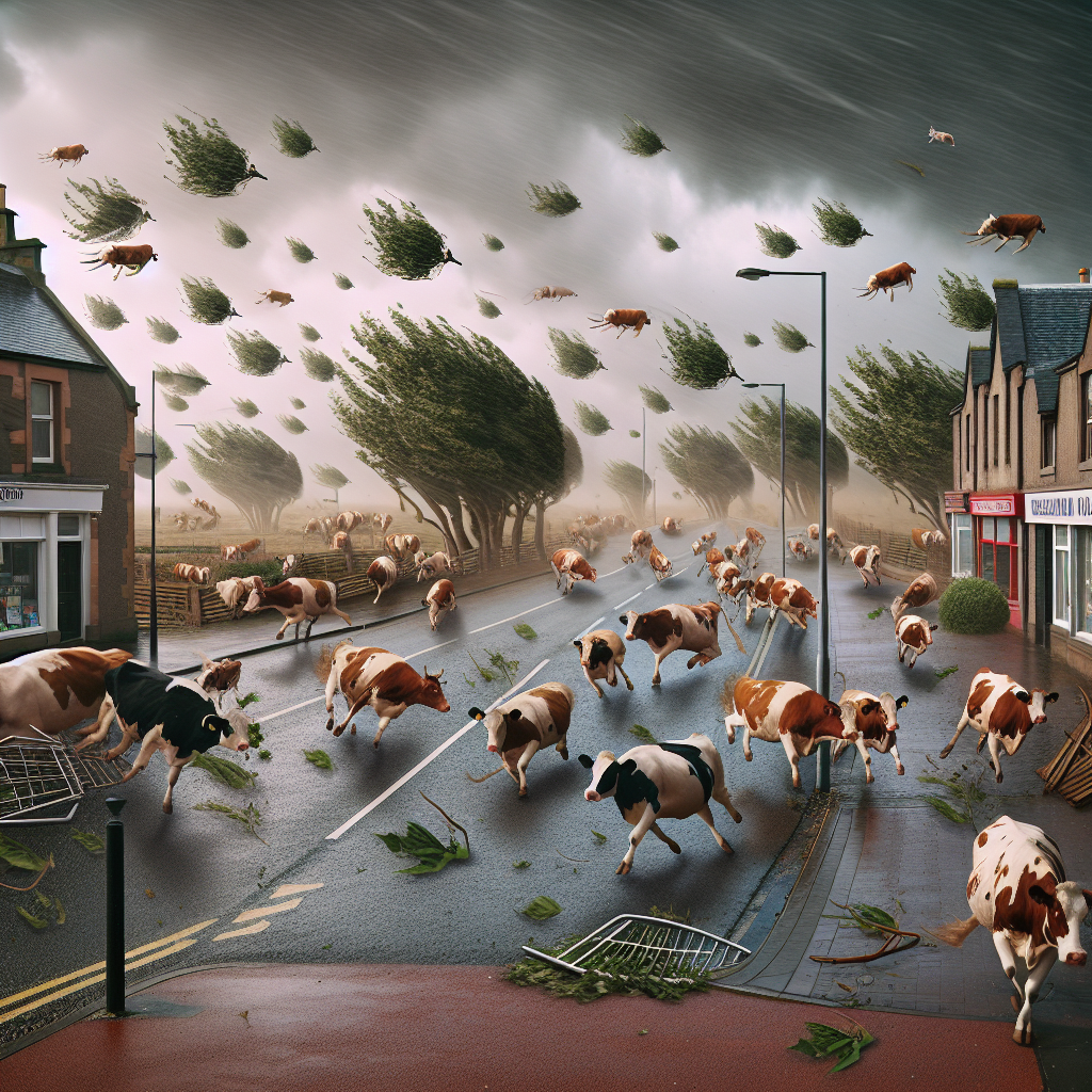 Cattle Run Amok: Windstorm Unleashes “Not So Bovine” Express in Carfin

In a stunningly unpredictable turn of events that no one could possibly have foreseen, a powerful windstorm took Scotland by surprise, demonstrating its immense strength by knocking over a fence and unleashing a herd of cows onto the unsuspecting streets of Carfin, North Lanarkshire
