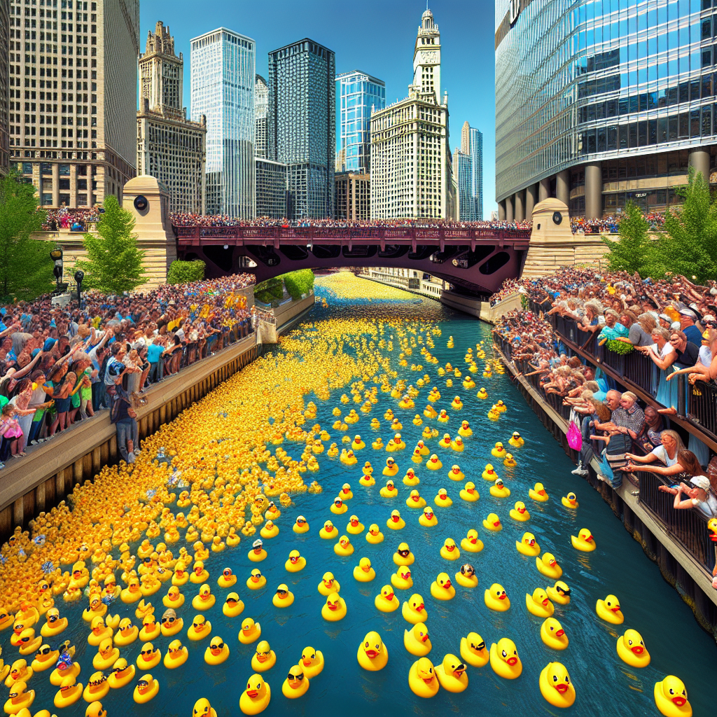 Headline: Chicago River Hosts the Most Important Race of the Year — 82,000 Rubber Ducks Compete for Glory

In a breathtaking display of athletic prowess, 82,000 rubber ducks took to the waves of the Chicago River this past weekend for the annual Great Chicago Duck Race