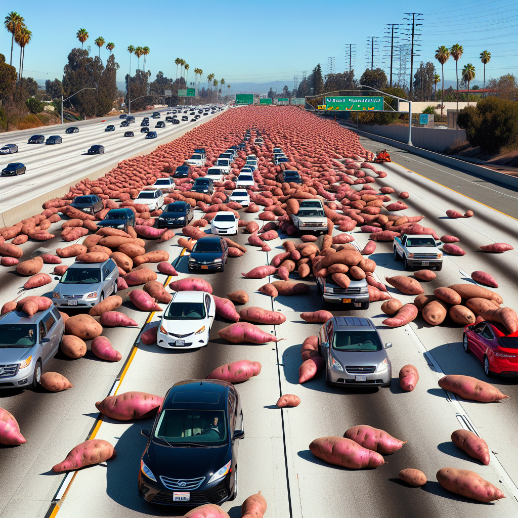 BREAKING: SWEET POTATO APOCALYPSE STRIKES CALIFORNIA HIGHWAY

In a bizarre and hilarious incident, a massive pileup on Highway 405 in California has left a trail of destruction and