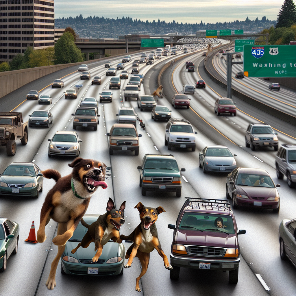 BREAKING: CANINE MENACE ON THE LOOSE!

In a bizarre incident that has left authorities baffled and motorists bewildered, a duo of rambunctious dogs was spotted careening wildly along a stretch of Interstate 405 in Washington, causing a stir among commuters and leaving a trail of destruction in their wake