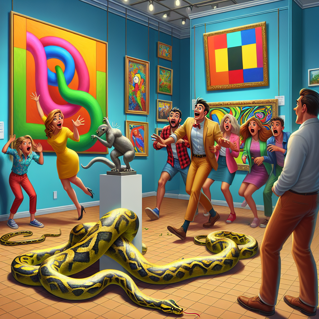 PYTHON ON THE LOOSE: Reptile Rampage Rocks Local Art Gallery

In a bizarre incident that has left art lovers and gallery owners alike in stitches, a mischievous pet python named “Slinky” escaped from its owner’s grasp and wreaked havoc on a local art gallery yesterday evening