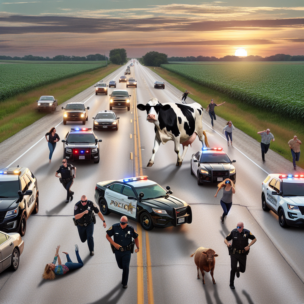 BREAKING: Bovine Bandit Brings Chaos to Illinois Highway

In a bizarre incident that has left residents of Williamson County in stitches, a brazen cow brought traffic to a standstill on a rural highway yesterday evening, leading to a high-stakes rodeo chase involving local law enforcement