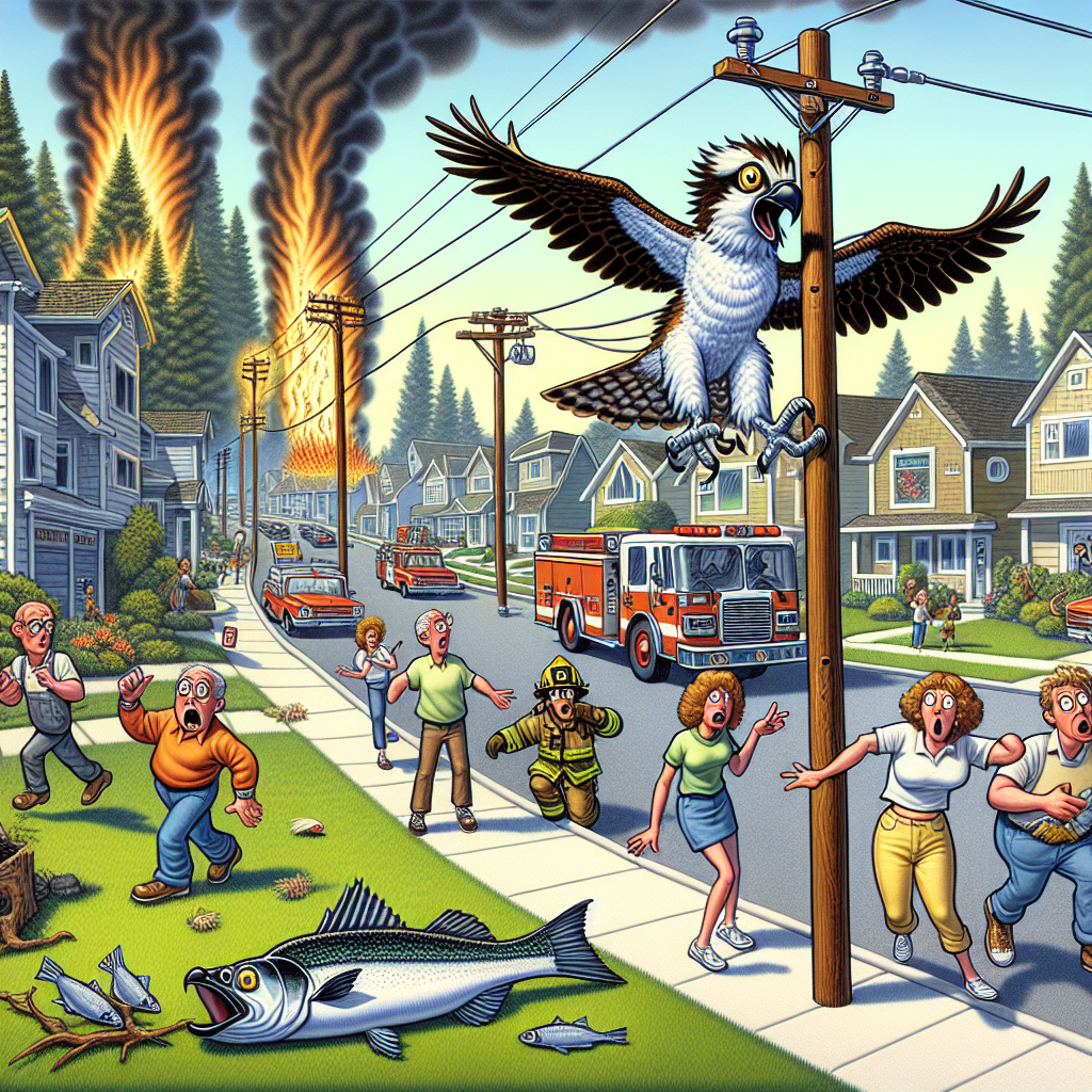 BREAKING: Fishy Fiasco Sparks Chaos in Suburban Neighborhood

In a bizarre incident that has left residents scratching their heads, a fish dropped by an osprey has ignited a brush fire, causing a massive power outage in the usually tranquil suburban neighborhood of Oakwood Hills