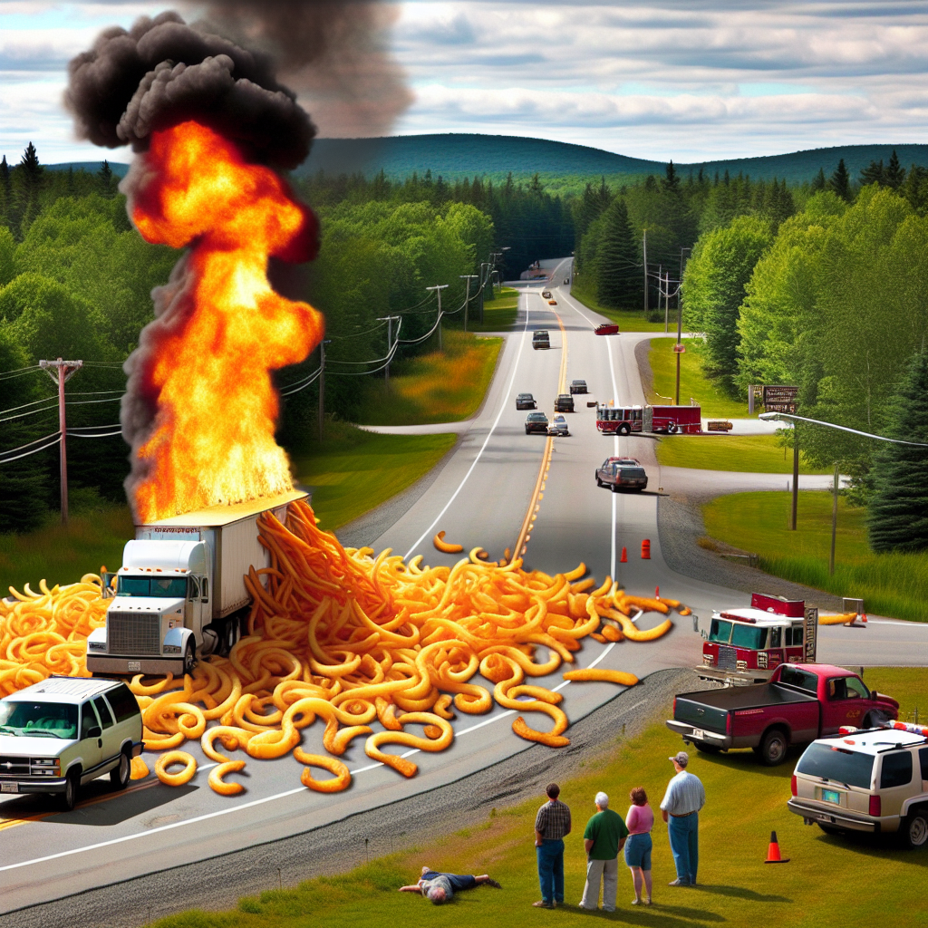 BREAKING: FRY-astrophe Unfolds on Maine Highway as Inferno Engulfs Tractor-Trailer

In a bizarre incident that has left residents of Maine scratching their heads, a tractor-trailer carrying a massive load of curly fries burst into flames on a rural highway yesterday evening, sending a giant plume of smoke and crispy chaos into the air