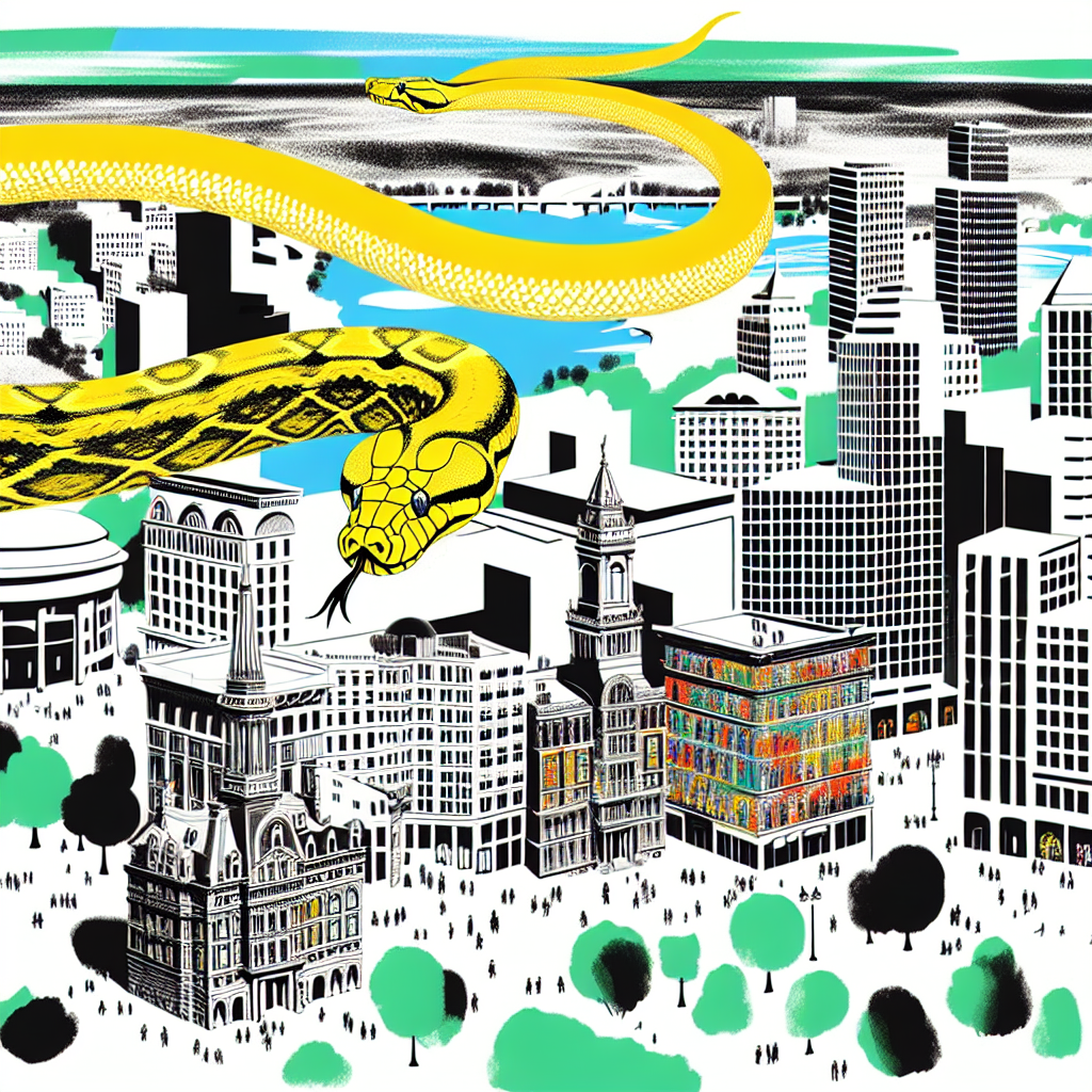 BREAKING: GIANT YELLOW PYTHON ON THE LOOSE IN BOSTON, RESIDENTS ADVISED TO STAY INDOORS AND HIDE UNDER BEDS

In a bizarre and terrifying turn of events, a gargantuan yellow python, estimated to be over 100 feet long and 10 feet in diameter, has been spotted slithering through the streets of Boston, leaving a trail of destruction and bewildered onlookers in its wake