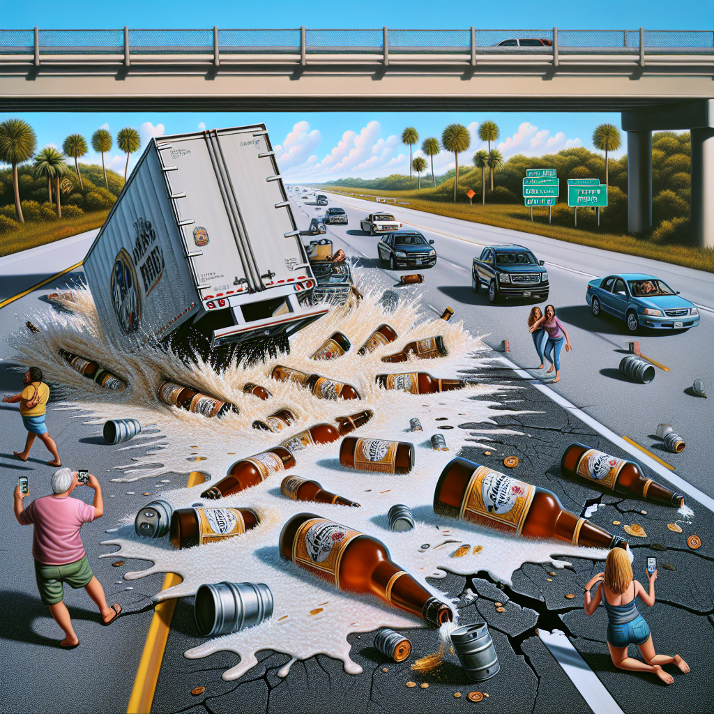 BREAKING: BEER-GEDDON STRIKES FLORIDA!

In a bizarre and boozy incident, a tractor-trailer carrying a staggering 44,000 POUNDS of beer lost control on a winding Florida highway yesterday evening, sending a tidal wave of suds and shattered dreams crashing onto the asphalt