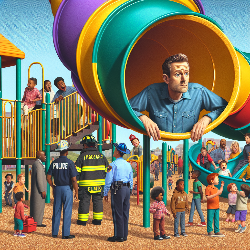BREAKING: Tube Slide Trap: 40-Year-Old Man Stuck, Emergency Responders Baffled

In a bizarre incident that has left residents of Connecticut scratching their heads, a 40-year-old man found himself wedged inside a tube slide at a local playground, prompting a massive emergency response effort