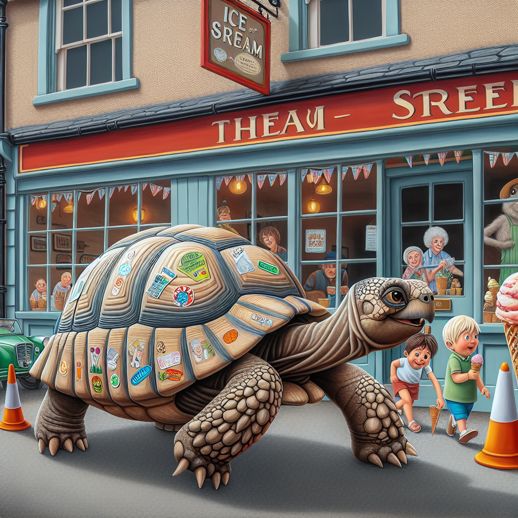 BREAKING: Tortoise on the Lam!

In a daring escape that has left animal lovers agog, a feisty tortoise named Shelly made a break for it from her cozy home in the quaint English town of Littleton, only to be discovered two weeks later in the most unlikely of places: outside an ice cream parlor, a whopping 2