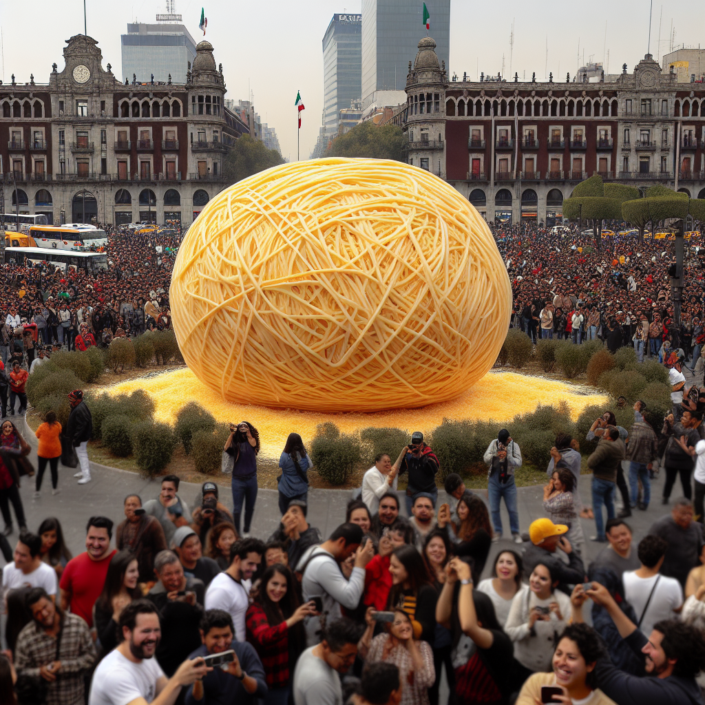 BREAKING: MEXICO CITY, MEXICO – IN A BIZARRE DISPLAY OF CULINARY EXCESS, THE WORLD’S LARGEST STRING CHEESE BALL HAS BEEN CREATED IN THE HEART OF MEXICO CITY

In a spectacle that has left onlookers agog and gastronomes gobsmacked, a team of intrepid cheesemongers has successfully crafted a string cheese ball of monumental proportions