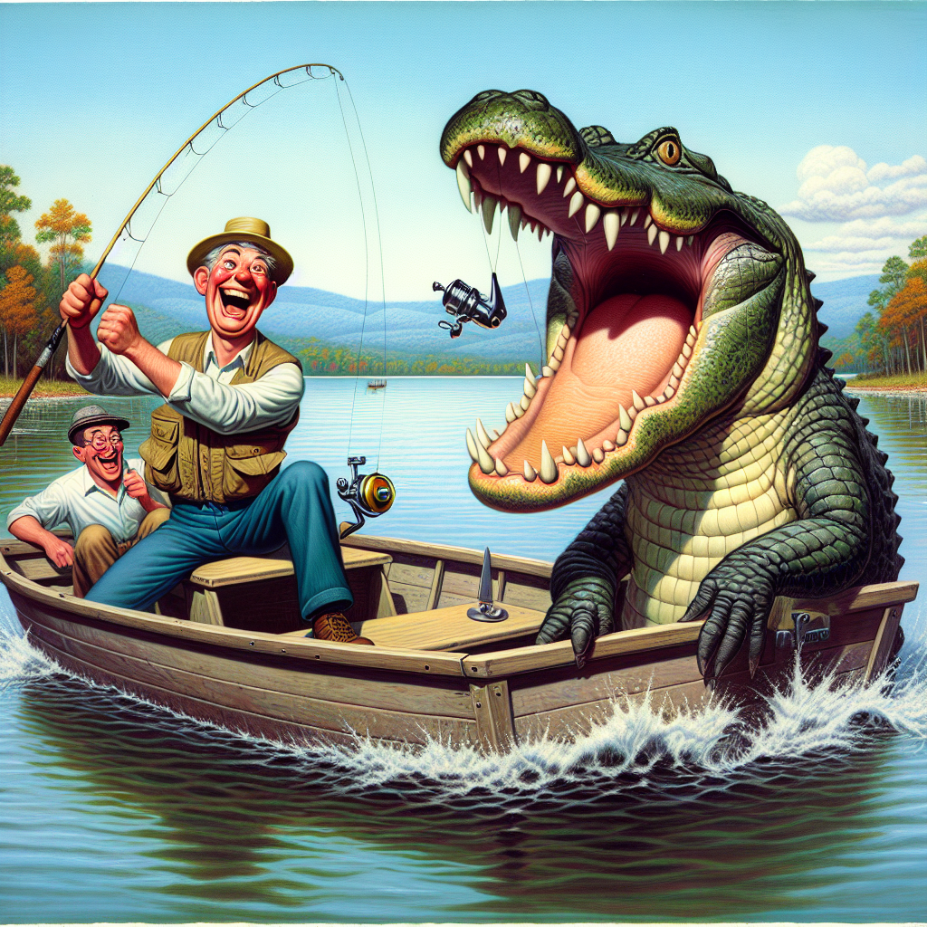 BREAKING: Angler’s Day Turns into Wild Ride as He Reels in 10-Foot Alligator from Tennessee Lake!

In a jaw-dropping, scale-tingling, and utterly unbelievable turn of events, local angler, Bubba Jenkins, caught not one, not two, but a GIGANTIC 10-FOOT, 500-POUND ALLIGATOR while fishing on Lake Tennessee yesterday evening!

According to eyewitnesses (okay, it was just Bubba’s fishing buddy, Jimmy), Bubba was out on the lake, reeling in what he thought was a monster catfish, when suddenly, a prehistoric creature emerged from the depths of the lake