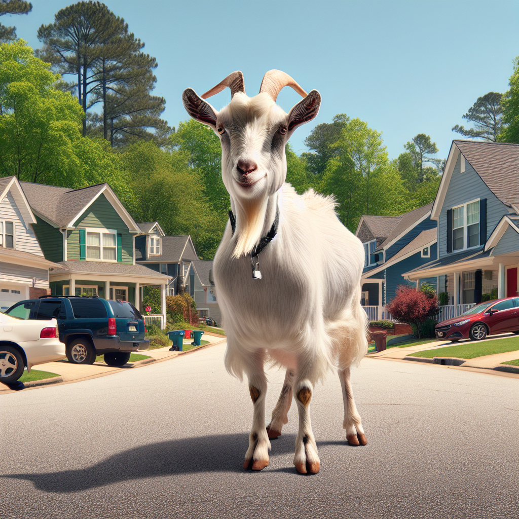 BREAKING: GOAT ON THE LOOSE!

In a bizarre incident that has left authorities baffled and residents bewildered, a daring goat made a daring escape from a local farm and is currently roaming free in the suburbs of Duluth, Georgia