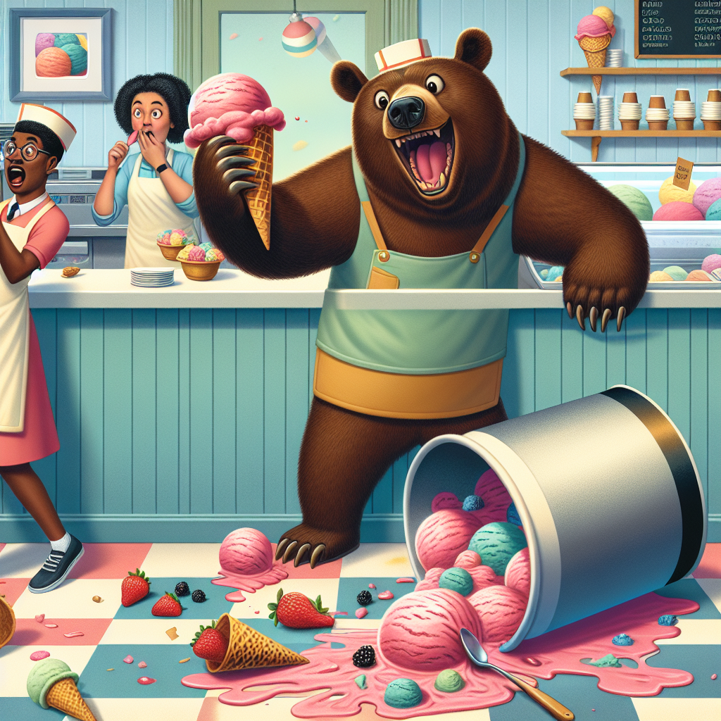 BREAKING: BEAR GOES BERSERK ON ICE CREAM, LEAVES TRAIL OF DESTRUCTION AND DELICIOUSNESS

In a bizarre incident that has left residents of a small California town scratching their heads, a brazen bear broke into a local ice cream parlor and helped itself to a heaping helping of strawberry ice cream