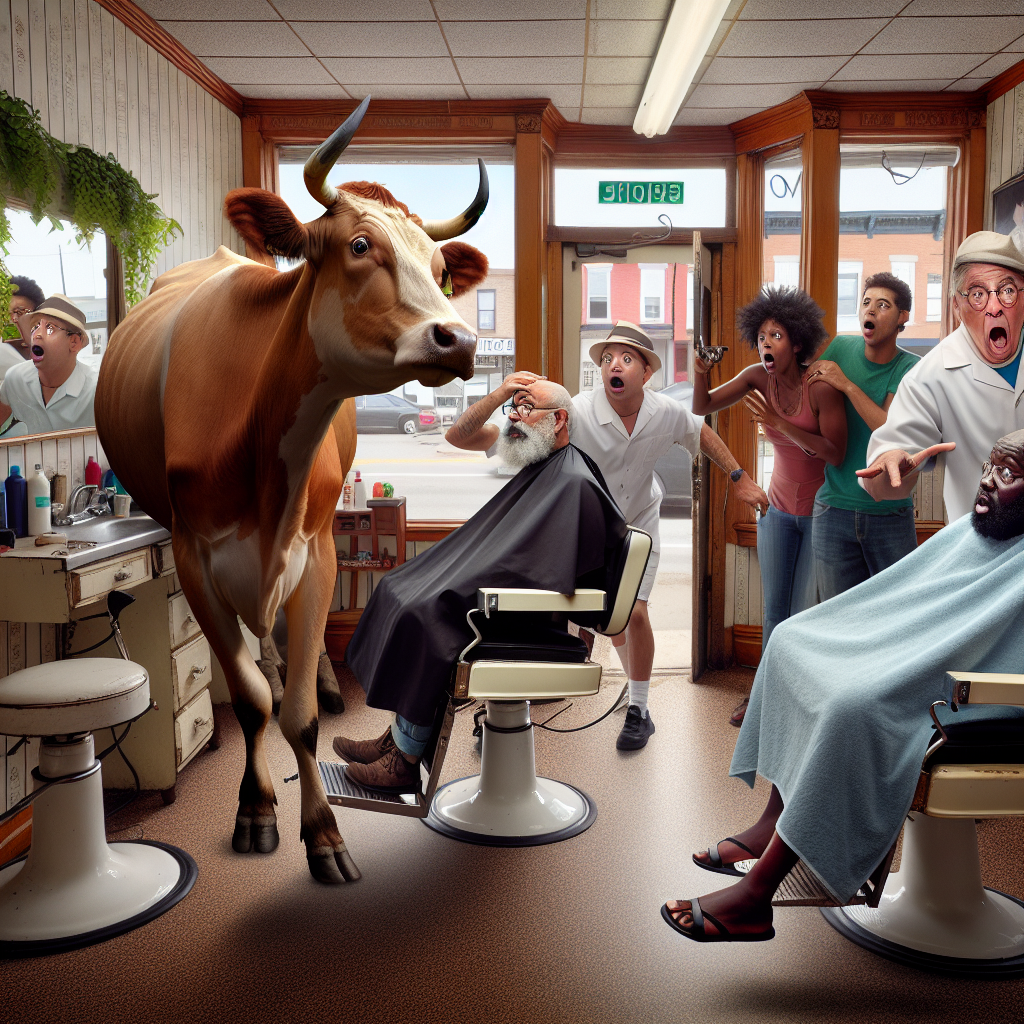 BREAKING: Bovine Bandit Brings Barbershop to a Standstill

In a bizarre incident that has left residents of Greenfield, USA, in stitches, a mischievous cow somehow managed to force its way into a local barbershop, causing chaos and destruction in its wake
