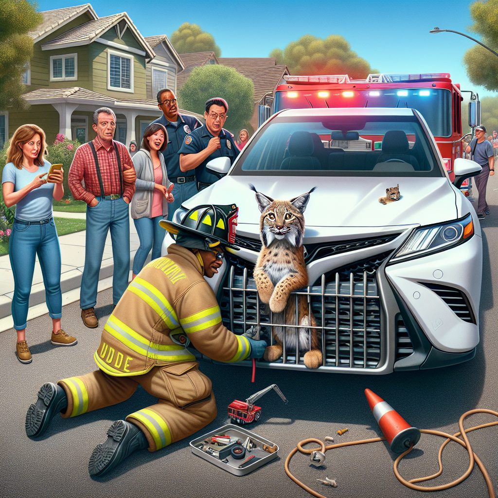 BREAKING: FELINE FIASCO – Brave Firefighters Perform Daring Rescue of Bobcat Wedged in Car’s Front Grill

In a jaw-dropping, heart-stopping, and whisker-raising incident, a team of fearless firefighters from Engine Company 12 in suburban Anytown, USA, sprang into action to rescue a bobcat that had become stuck in the front grill of a Toyota Camry