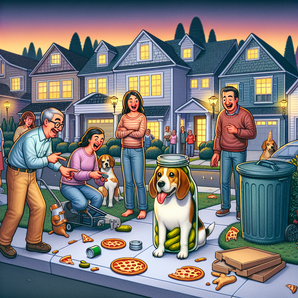 BREAKING: MIRACLE IN SUBURBIA AS CANINE SURVIVOR OF JAR-GATE ORDEAL EMERGES FROM DAYS-LONG ADVENTURE

In a stunning turn of events, a brave and bewildered beagle named Balthazar was rescued yesterday evening after being stuck with his head lodged in a giant pickle jar for a whopping 5 DAYS!

The drama unfolded in the usually quiet neighborhood of Oakdale, where Balthazar, 3, had managed to get his head wedged in the jar while rummaging through his owner’s trash cans in search of last night’s pizza crusts