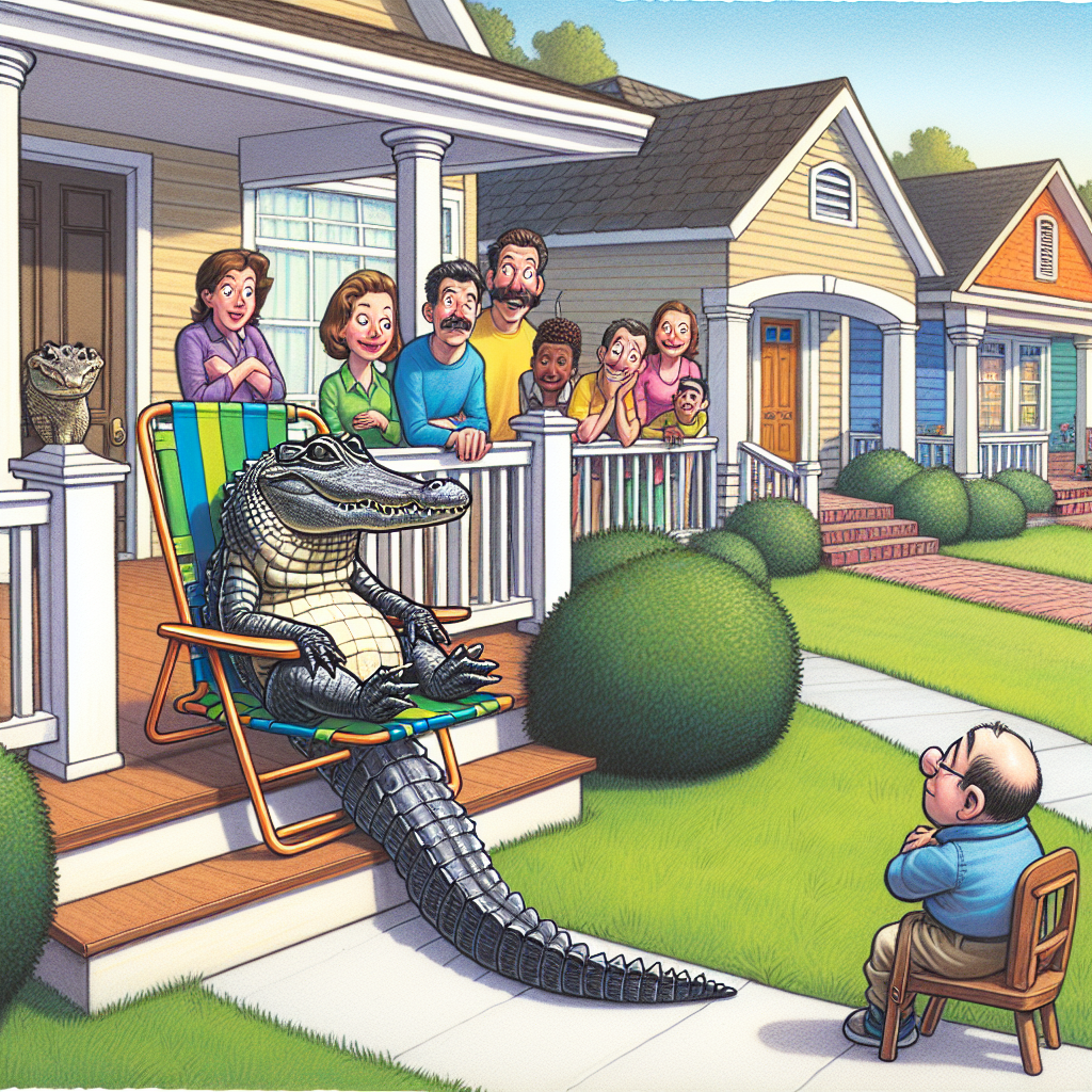 BREAKING: GatorGate Rocks Suburban Neighborhood as Reptile Gets Stuck in Folding Chair

In a bizarre incident that has left residents of Oakwood Hills in stitches, a gargantuan alligator was spotted “knocking on front doors” – literally – before getting stuck in a folding chair on a homeowner’s front porch
