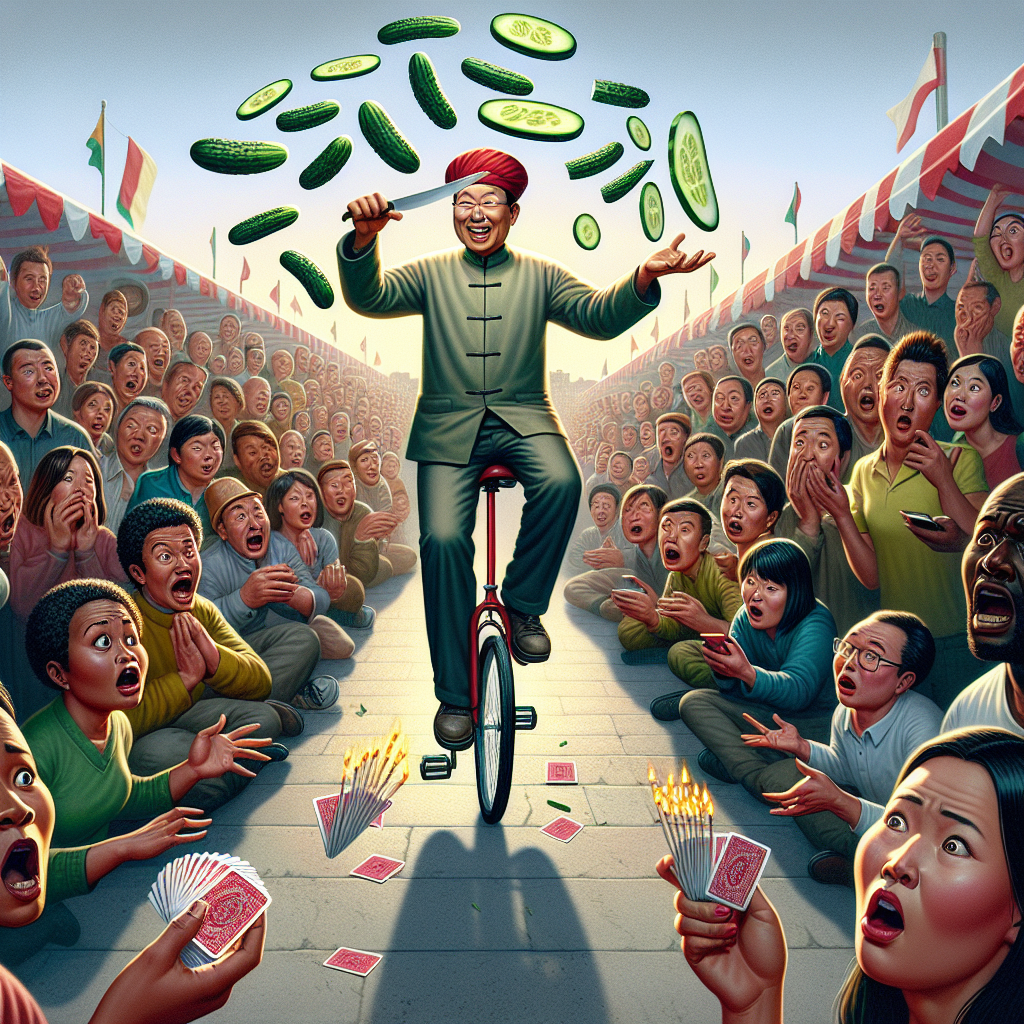 BREAKING: Chinese Man’s Jaw-Dropping, Death-Defying Card-Throwing Skills Leave Onlookers Aghast, Cucumbers Sliced to Perfection

In a bizarre incident that has left the world stunned, a Chinese man has demonstrated an unprecedented level of hand-eye coordination and card-throwing prowess by slicing cucumbers with playing cards and then proceeding to light matches with the same cards, all while riding a unicycle on one leg